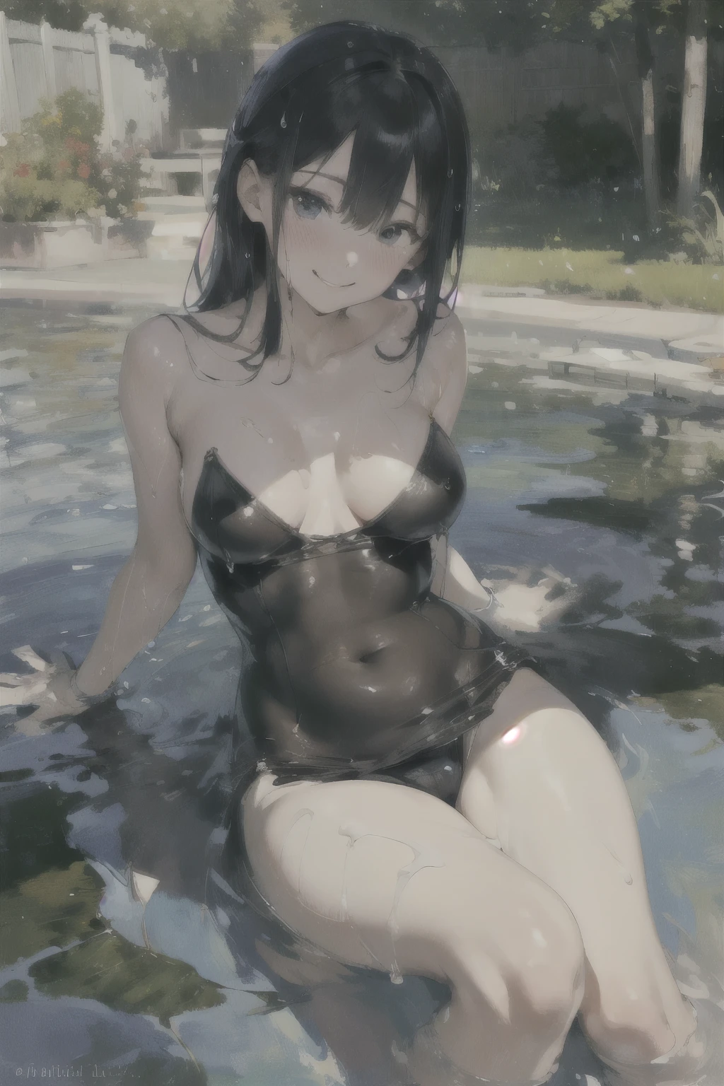 absurd , high resolution, Super detailed, (:1.3), Big Breasts,Happy, rest, Sundress, Ink Cap, Mary Jane Shoes, rest, Rich gradients, Extreme colors, Extreme details, Clear light perception, rest, (many, Impressionism, painting), Anime Characters, rest, Open your legs,Fluid between thighs、flowing liquid,Exposure、Disheveled、Clothing that fits snugly,Chest contour、(((Wet clothing))),Tube Top,(((Ultra-thin clothing))),(Body model),((Flesh outline)),Grinning, blush,Hyperactive expression,