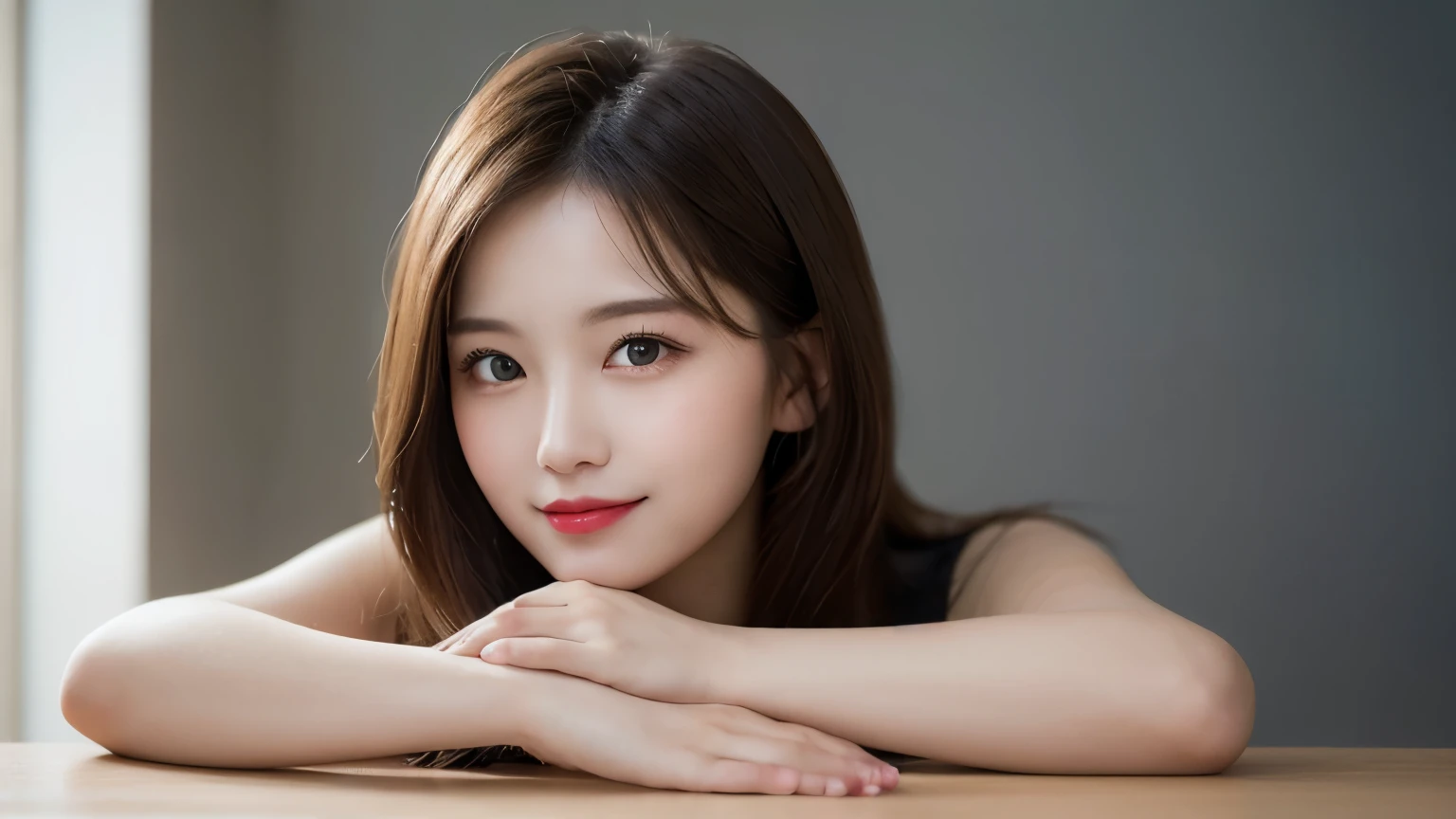 on the table, best quality, shape, Super detailed, Finely, high resolution, 8k wallpaper, 完璧なダイナミックな構shape, Beautiful and delicate eyes, Medium Length Hair, Small Breasts, Natural lipstick, Casual sexy pose,Smile,20 year old girl、midnight、Beautiful and detailed face、Perfect beautiful face,big eyes、original photo、Use the whole body to express female posture、Beautiful and delicate eyes、Small face、Beautiful duplex、Facelift and style,skirt、Beautiful golden ratio face,Long hair