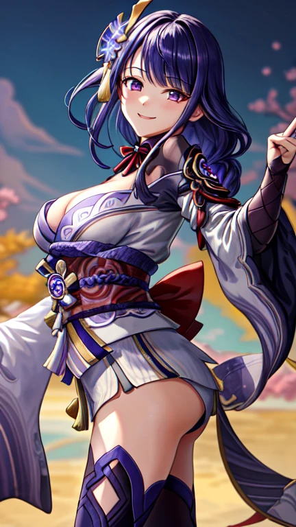 ((Masterpiece)), ((HD,)), ((aesthetic)), 《Raiden Shogun》, 《Genshin Impact》, cute face, blushing, smile, sexy pose, full body potrait, nice ass, nice breast, medium breast