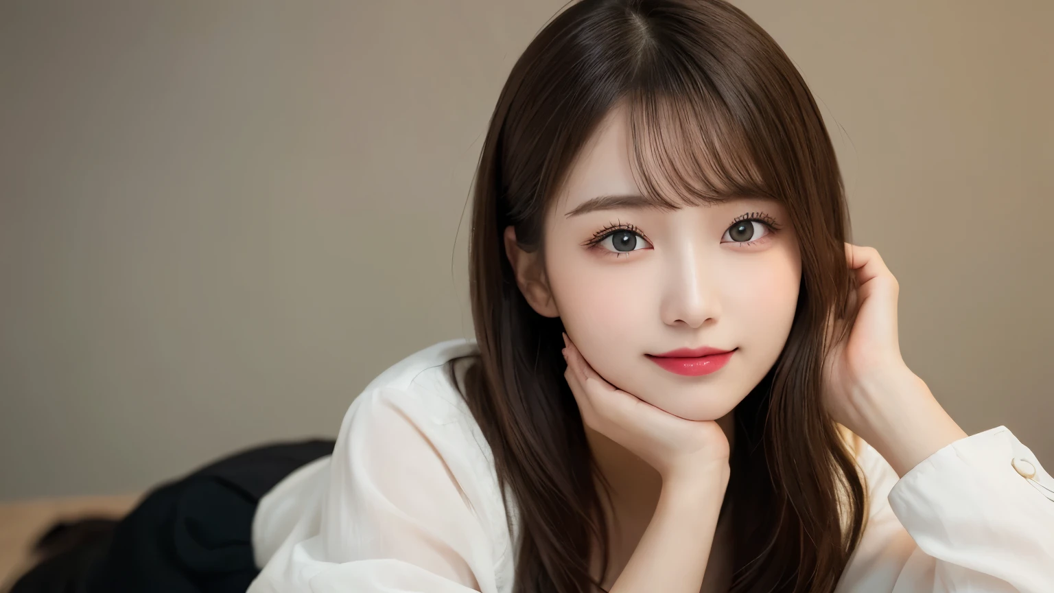 on the table, best quality, shape, Super detailed, Finely, high resolution, 8k wallpaper, 完璧なダイナミックな構shape, Beautiful and delicate eyes, Medium Length Hair, Small Breasts, Natural lipstick, Casual sexy pose,Smile,20 year old girl、midnight、Beautiful and detailed face、Perfect beautiful face,big eyes、original photo、Use the whole body to express female posture、Beautiful and delicate eyes、Small face、Beautiful duplex、Facelift and style,skirt、Beautiful golden ratio face,Long hair