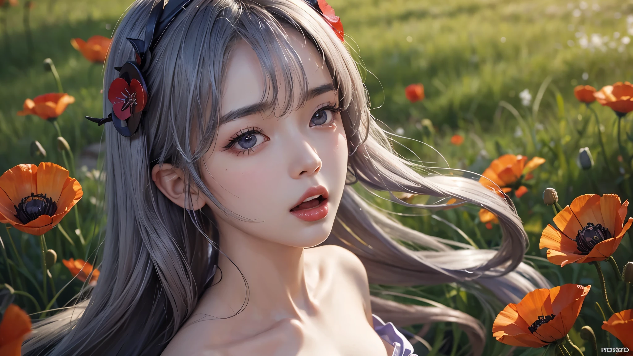 1 woman, alone, Elegant hair (whole body: 1.1), (looking at viewer: 1.1), tight little bikini, Wild poppies swaying in the wind, movie , sweet_lolita, best quality, masterpiece, ((raiden shogun)), Open your mouth,,Exquisite mouth,((Ejaculation in the mouth)),delicate,mouth,very detailed face,blush,Shiny, moist skin,normal tongue,don&#39;t stick out your tongue,핑크색 mouth술,delicate mouth술, ((All over the face, mouth and cheeks))
