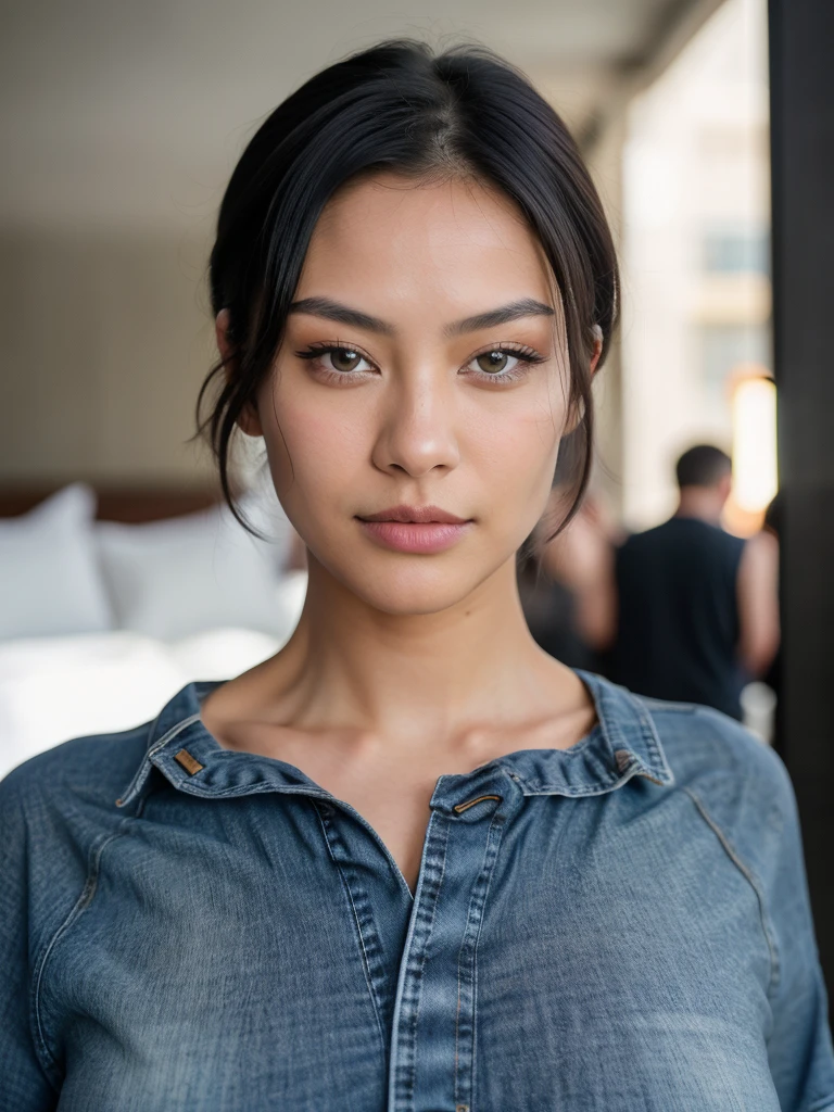 Beautiful chinese woman, dark eyes, innocent face, thin pointy nose, natural short hair, athletic body, busty, red corset, jeans,,,High resolution, masterpiece, Best Quality, Intricate details, Highly detailed, Sharp Focus, Detailed skin, Realistic skin texture, Texture, Detailed eyes, Professional, 4K, shot in Canon, 85 mm, Shallow depth of field, Kodak Vision Color, Perfect Fit Body, Extremely detailed, a picture_\(Ultras\), Photorealistic, Realistic, Post-processing, Maximum Detail, Roughness, Real life, A hyper-realistic, Photography, 8K UHD, Photography