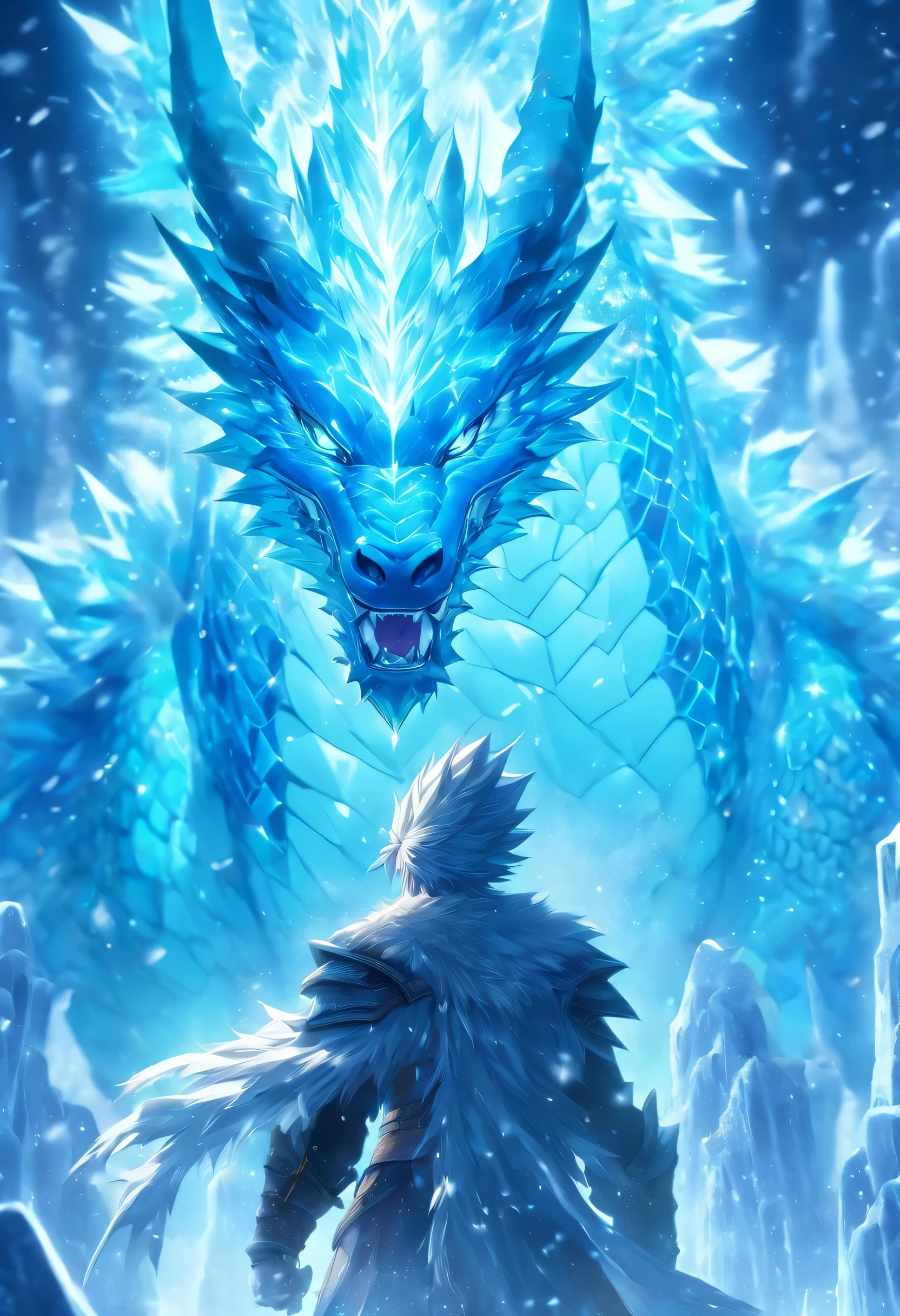 (tmasterpiece), (Best quality at best), Cinematic quality,Rendered by Octane,Ultra-detailed details,(a huge ice dragon。:1.8),There was a man standing in front,(ice crystals in the air:1.5),floating ice crystals,frozen liquid,Icicles,ice axe,staredown, watch audience,