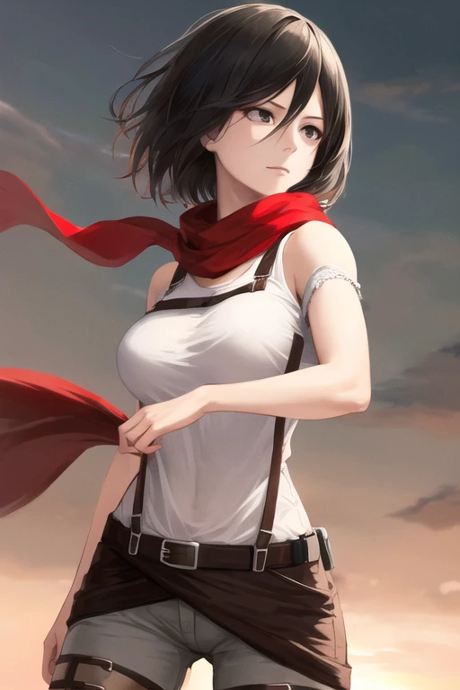 (best quality,highres,masterpiece:1.2), realistic,hmmikasa, black eyes, short hair, red scarf, thigh belt, black pants, white t-shirt, bare shoulders, (mikasa_ackerman_v1:0.7), fighting stance, large breasts, sky