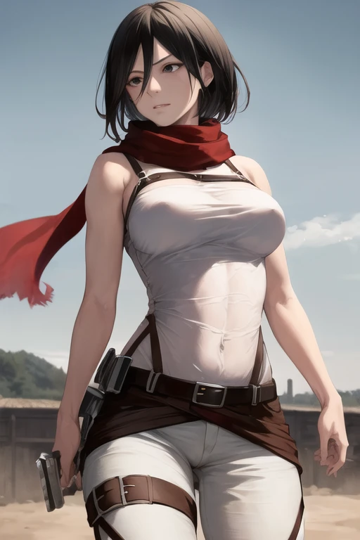 (best quality,highres,masterpiece:1.2), realistic,hmmikasa, black eyes, short hair, red scarf, thigh belt, black pants, white t-shirt, bare shoulders, (mikasa_ackerman_v1:0.7), fighting stance, large breasts, sky