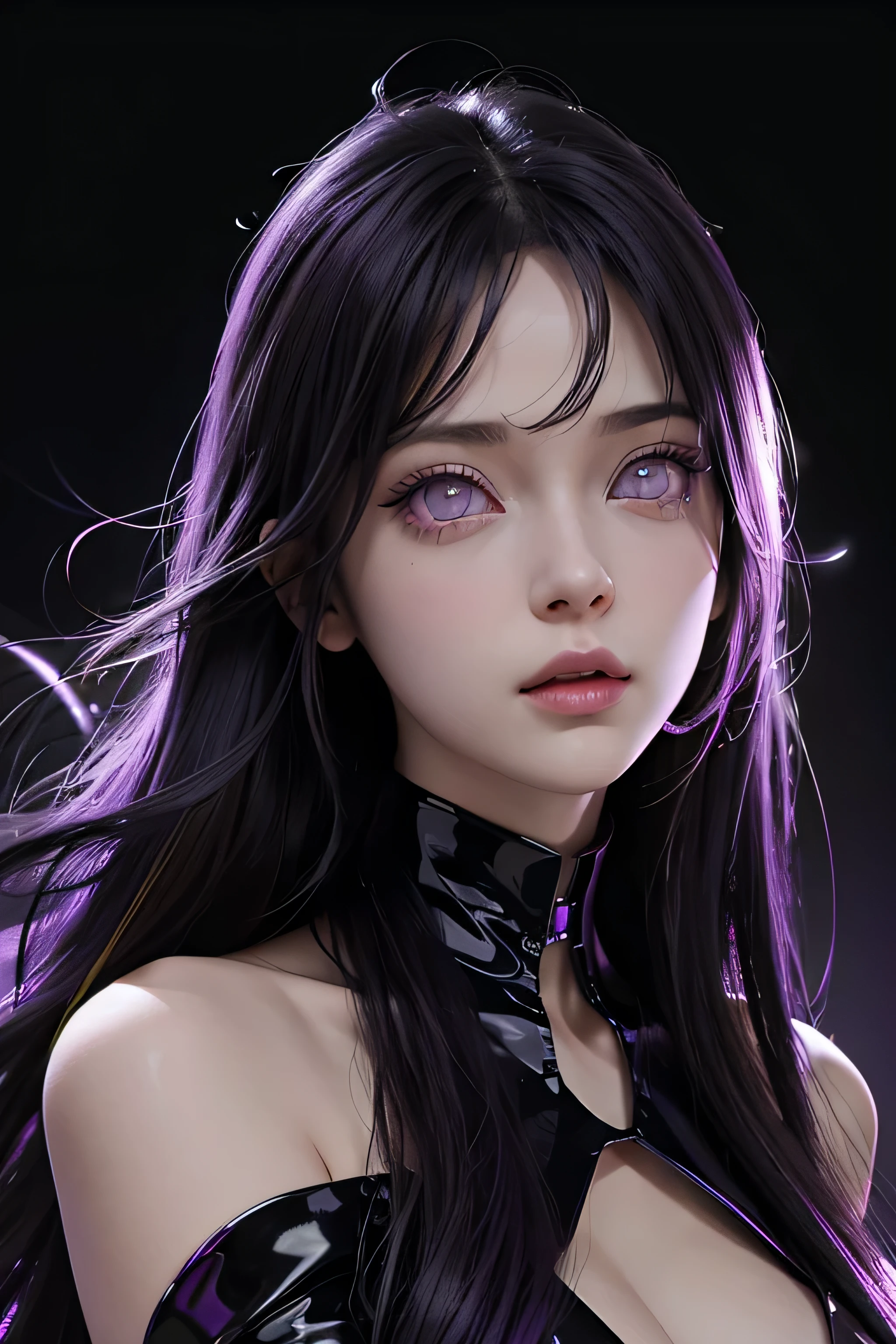 One female , bright purple eyes , "pupils glowing purple" , black hair , blonde highlights" , very_long_hair , big_breasts , wearing necakle neck,perfect figure , detailed face , masterpiece , best quality , ultra detailed , (detailed background) , perfect shading , high contrast , best illumination , extremely detailed , ray tracing , realistic lighting effects , neon noir illustration , perfect hands:1.1