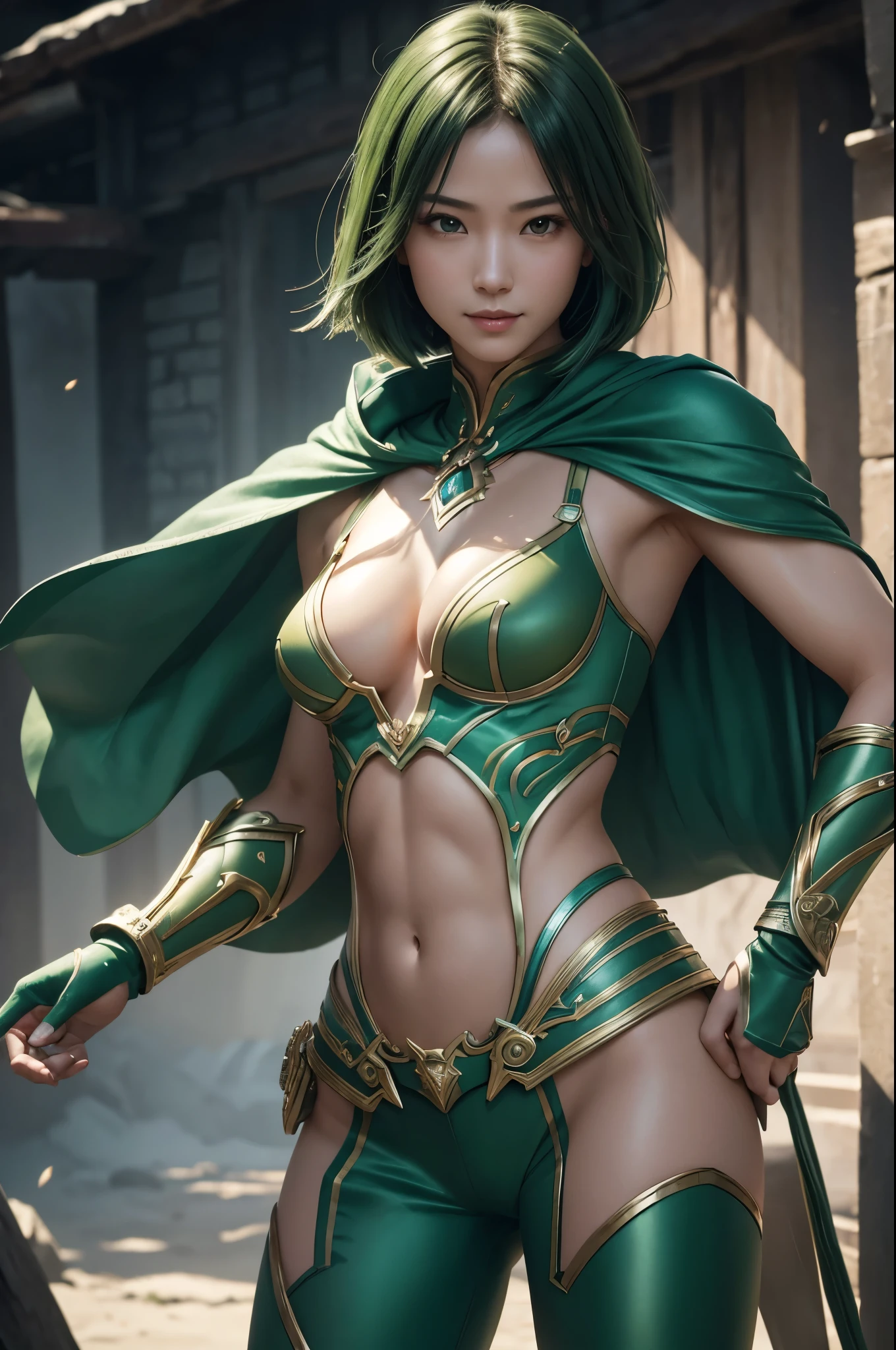 8K,Wind Lady Paladin,Super Beauty(Like the real thing),Green short bob hair,Red Eyes,Green and white metallic chest armor,Green and white combat trousers,Green Gauntlets,Green leggings,lean muscular body,Hard and strong abs,Fantasy art、charm、Looking at the audience、Captivating Gaze、masterpiece,masterpiece,highest qualityのフォトリアリスティックなRAW写真。Bright colors,Rich colors, Backlight, Film Grain, 50mm lens, Nikon D850,Realistic Skin,Ultra-high resolution,Realistic scale skins,Muscular and slender figure,Very detailedなアート作品、 Detailed digital animation art、Dynamic Angle,Ultra-high resolution,Like the real thing見える肌,charm的,Active,Super Beauty,(Like the real thing),DeviantArt Artstation CGScosiety, 3D Rendering Character Art, 写真のようにリアルなPerfect body, sexy,Muscular and slim body,Muscular and toned lower body,close,masterpiece,highest qualityの写実的ななRAW写真。Bright colors,Rich colors, Backlight, Film Grain, 50mm lens, Nikon D850,,(8k,写実的なhighest quality;1.4) ,Slim figure, Perfect body, There is cleavage in the chest, Very thin hair, Pleasure Gas, Glossy Lips, 超Realistic,Cinematic, (Excellent anatomy), (Good balance), Awards, masterpiece, Centered,charm,Volume measurement,Body balance,Ultra-high resolution,Ultra-Realistic Skin,Digital single-lens reflex camera, Soft lighting, Very detailedスキン, Very detailed顔, Very detailed目, lip, Detailed Background, Written boundary depth, Excellent anatomy, (Realistic, 超Realistic:1.4), 16K HDR, The abdominal muscles are intense and defined,Very detailed、masterpiece、highest quality、Dynamic Angle、Film Grain、Best Shadow、delicate、Particles of light、Observe the audience、Cinema Lighting、battlefield,smile,Close-up,Battle Mode,smile,Green Cape,Green short bob hair,Ready to fight,