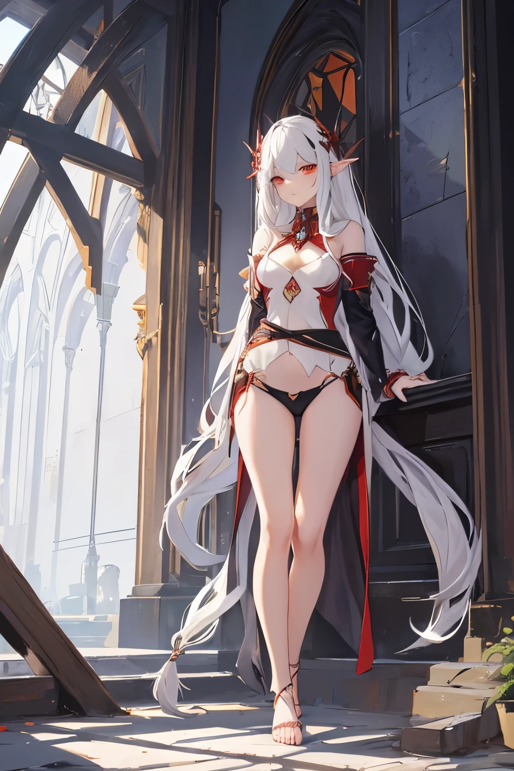 straight standing view in full height very detailed face and body young beautiful elf vampire long ash hair red eyes serious facial expression dark open top on the chest shorts without shoes cutout on the chest open breasts of the second size 32k
