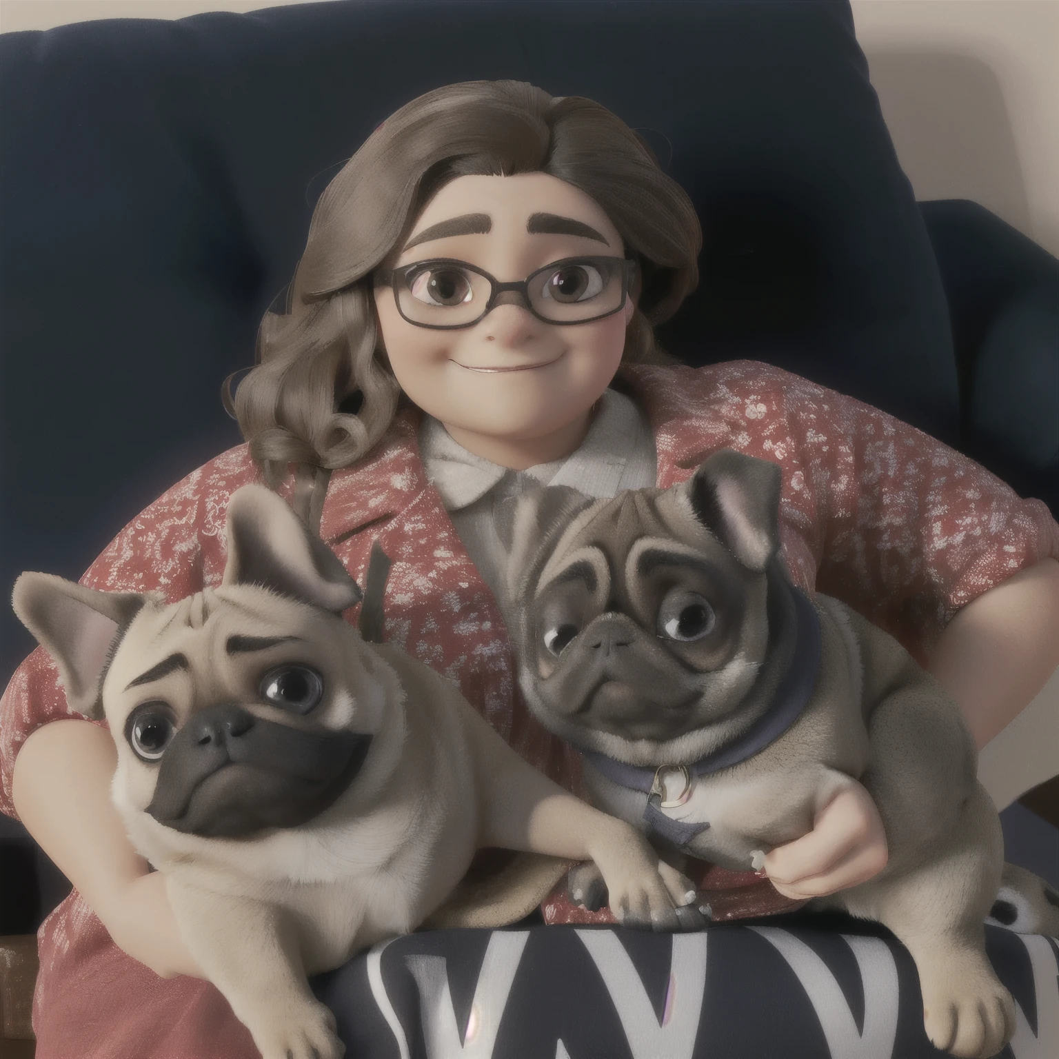 a woman in brown glasses, holding a gray pug in one hand and a caramel pug in the other hand for a photo with a white background.