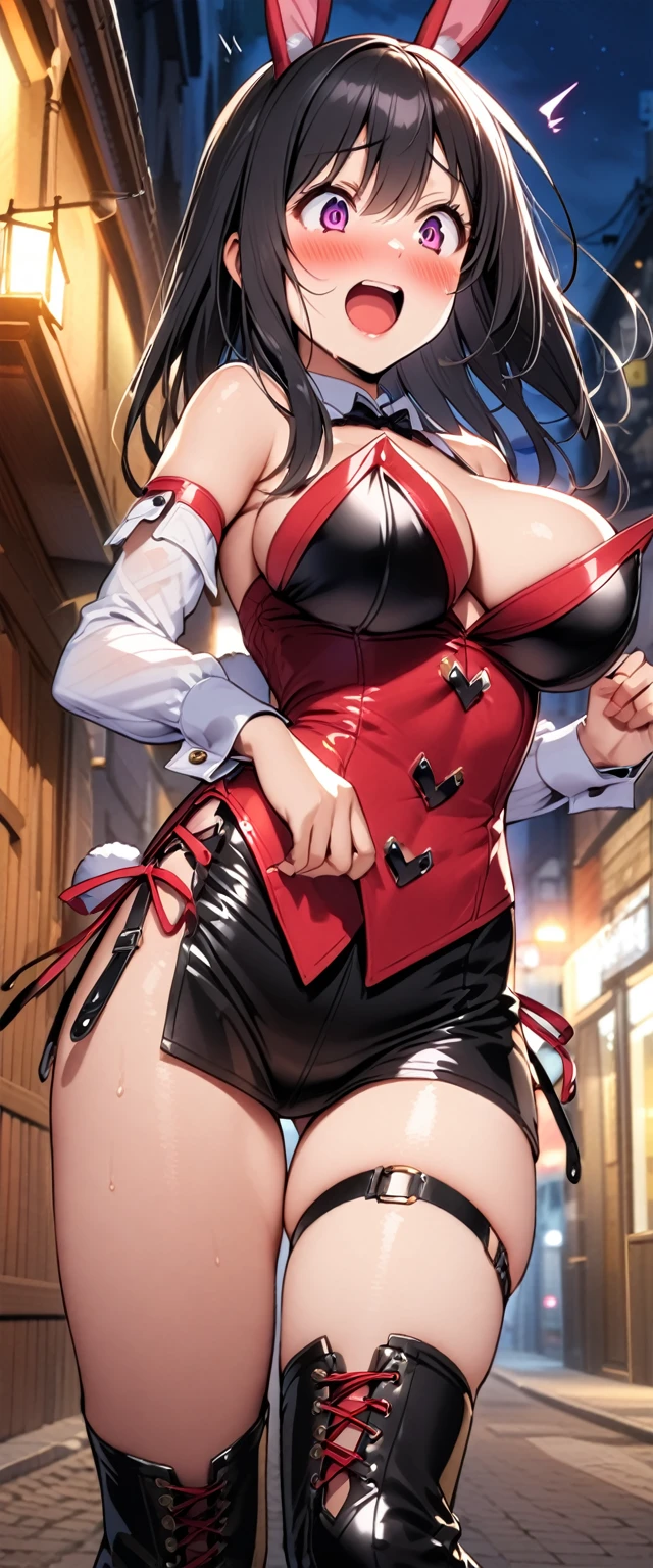 woman,20 year old,, location,night,(((bunny girl))),smile with open mouth((Thigh-high leather boots))(garters),((black hair)),blush、surprised face, big breasts