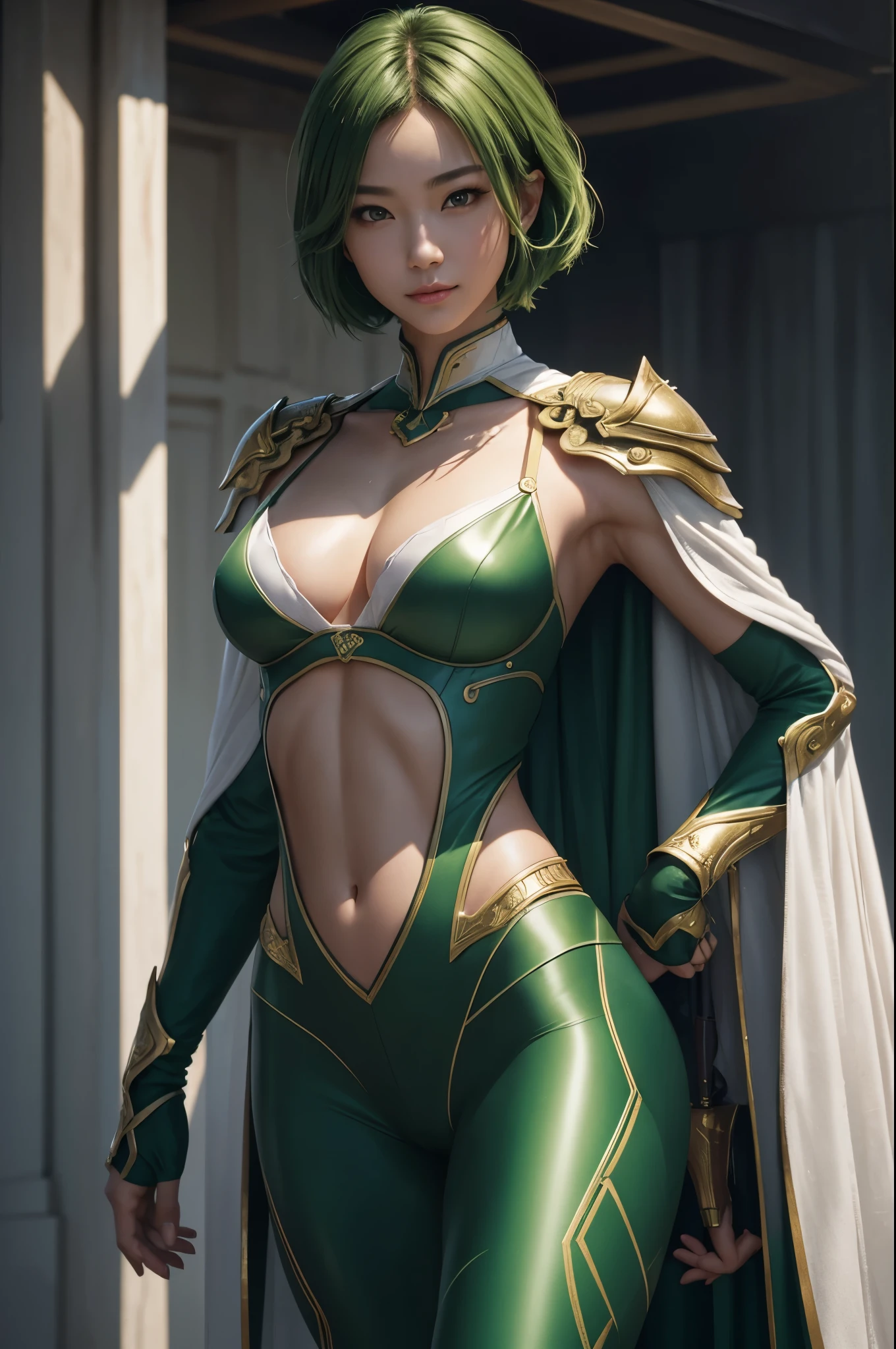 8K,Wind Lady Paladin,Super Beauty(Like the real thing),Green short bob hair,Green Eyes,Green and white metallic chest armor,Green and white combat trousers,Green Gauntlets,Green leggings,lean muscular body,Hard and strong abs,Fantasy art、charm、Looking at the audience、Captivating Gaze、masterpiece,masterpiece,highest qualityのフォトリアリスティックなRAW写真。Bright colors,Rich colors, Backlight, Film Grain, 50mm lens, Nikon D850,Realistic Skin,Ultra-high resolution,Realistic scale skins,Muscular and slender figure,Very detailedなアート作品、 Detailed digital animation art、Dynamic Angle,Ultra-high resolution,Like the real thing見える肌,charm的,Active,Super Beauty,(Like the real thing),DeviantArt Artstation CGScosiety, 3D Rendering Character Art, 写真のようにリアルなPerfect body, sexy,Muscular and slim body,Muscular and toned lower body,close,masterpiece,highest qualityの写実的ななRAW写真。Bright colors,Rich colors, Backlight, Film Grain, 50mm lens, Nikon D850,,(8k,写実的なhighest quality;1.4) ,Slim figure, Perfect body, There is cleavage in the chest, Very thin hair, Pleasure Gas, Glossy Lips, 超Realistic,Cinematic, (Excellent anatomy), (Good balance), Awards, masterpiece, Centered,charm,Volume measurement,Body balance,Ultra-high resolution,Ultra-Realistic Skin,Digital single-lens reflex camera, Soft lighting, Very detailedスキン, Very detailed顔, Very detailed目, lip, Detailed Background, Written boundary depth, Excellent anatomy, (Realistic, 超Realistic:1.4), 16K HDR, The abdominal muscles are intense and defined,Very detailed、masterpiece、highest quality、Dynamic Angle、Film Grain、Best Shadow、delicate、Particles of light、Observe the audience、Cinema Lighting、battlefield,smile,Close-up,Battle Mode,smile,Green Cape,Green short bob hair,Ready to fight,