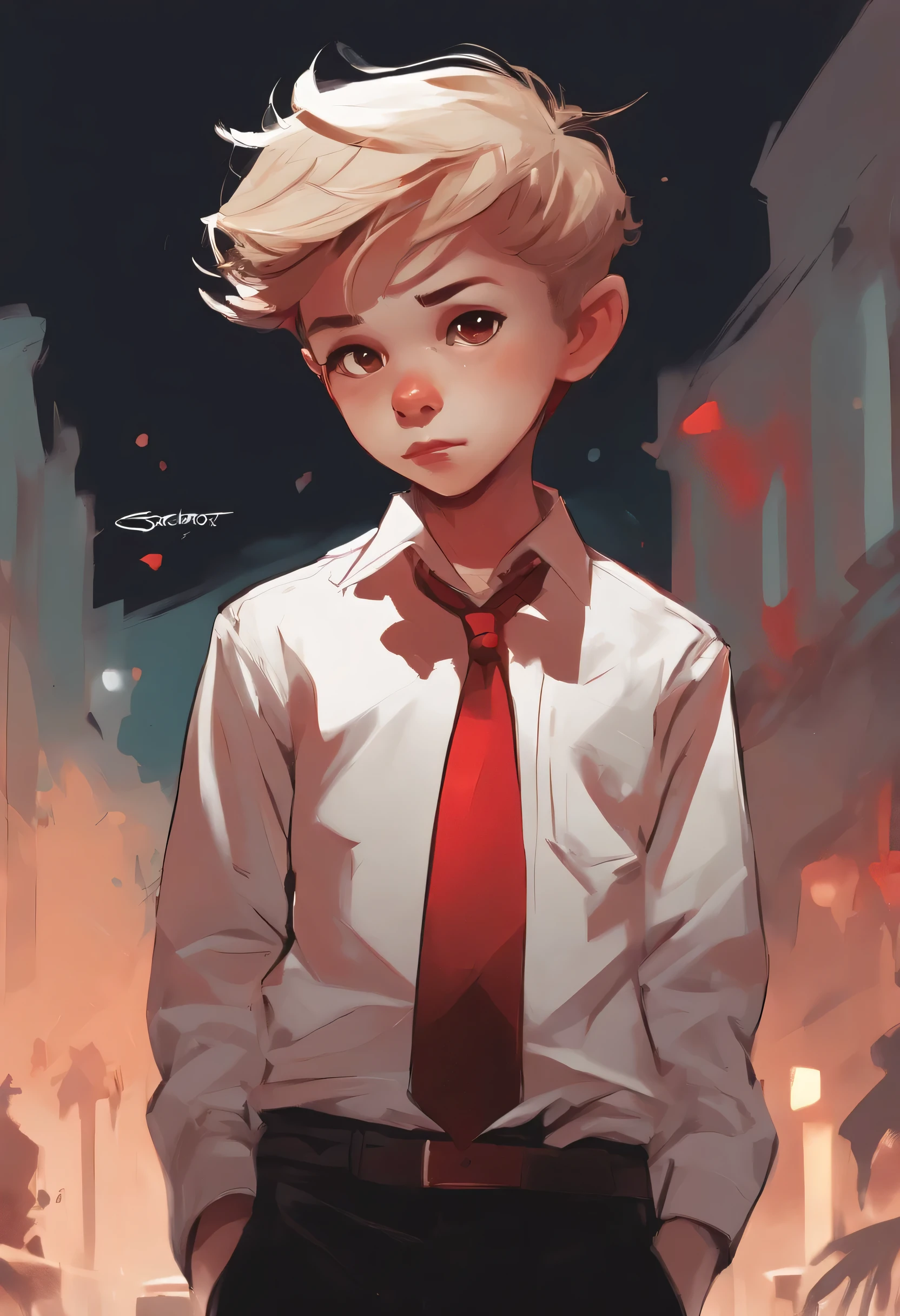 Skottie Young Style - 2d vector illustration,A boy, wearing formal shirt (red and black), (button opened), looking upside savagely,calm body gesture,trending pixiv fanbox, acrylic palette knife, 4k, vibrant colors, devinart, trending on artstation,, smooth lighting and pastel colors. graffiti background, (8 colors), by Skottie Young