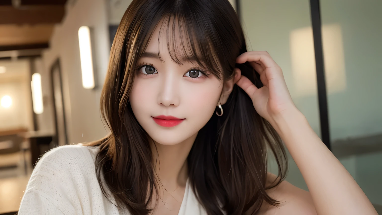 on the table, best quality, shape, Super detailed, Finely, high resolution, 8k wallpaper, 完璧なダイナミックな構shape, Beautiful and delicate eyes, Medium Length Hair, Small Breasts, Natural lipstick, Casual sexy pose,Smile,20 year old girl、midnight、Beautiful and detailed face、Perfect beautiful face,big eyes、original photo、Use the whole body to express female posture、Beautiful and delicate eyes、Small face、Beautiful duplex、Facelift and style,skirt、Beautiful golden ratio face,Long hair