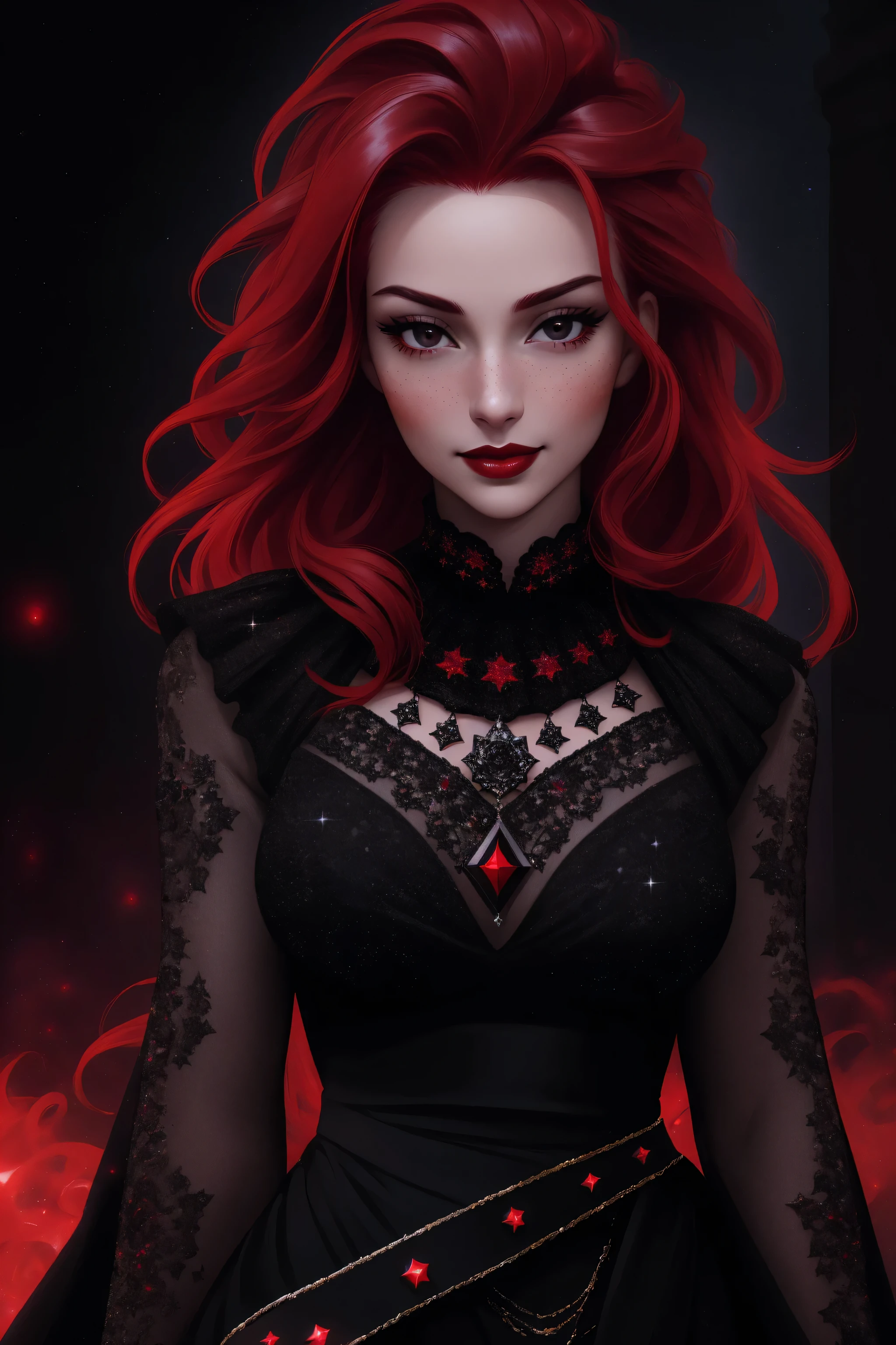 (Masterpiece - Ultra-Detailed, High Resolution) ((vivid red hair)), mature woman, 30 years old, diamond face, red starry sky background, depth of field, magic, big red lips, ((dark and black eyes)) black and red long and full dress, covered chest, mystical atmosphere, ominous shadows, Intense blue aura, Intense red aura (best quality:1.2), absurdres, intricate details, (highly detailed skin:1.2), smile expression, posing, taut and well defined body, attractive. Highly realistic, white skin, beautiful, hyperrealism, skin very elaborated, direct gaze.