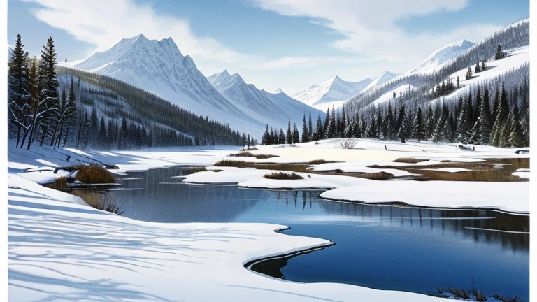Ink Painting「snow day」 prompt: Draw a landscape on a quiet snowy day。