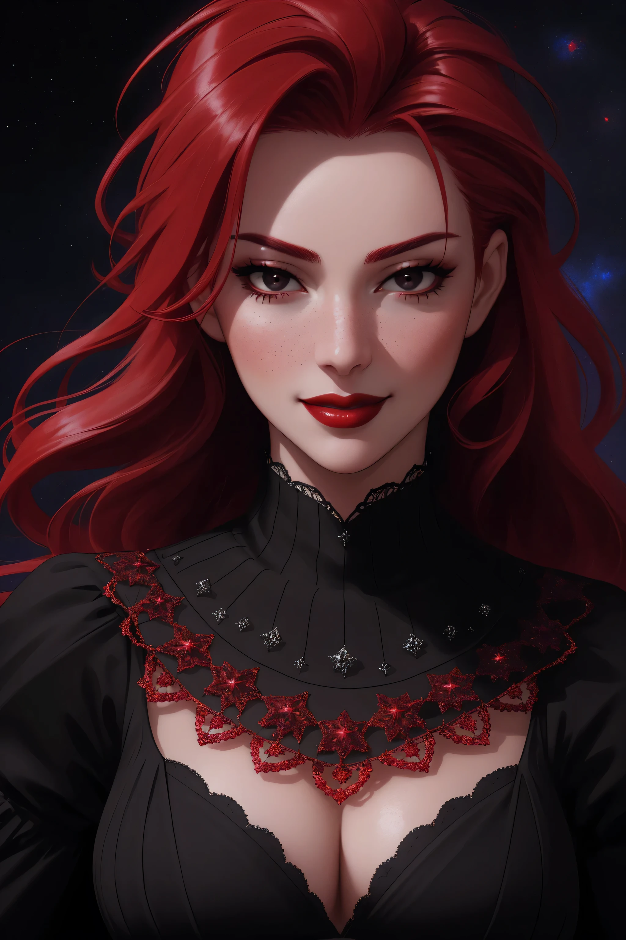 (Masterpiece - Ultra-Detailed, High Resolution) ((vivid red hair)), mature woman, 30 years old, diamond face, red starry sky background, depth of field, magic, big red lips, ((dark and black eyes)) black and red long and full dress, covered chest, mystical atmosphere, ominous shadows, Intense blue aura, Intense red aura (best quality:1.2), absurdres, intricate details, (highly detailed skin:1.2), smile expression, posing, taut and well defined body, attractive. Highly realistic, white skin, beautiful, hyperrealism, skin very elaborated, direct gaze.