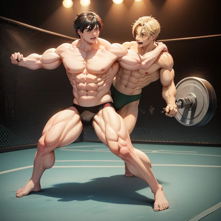 (Eine detaillierte Zeichnung von red mit roter basecap auf dem Kopf , Bodybuilding-Fitnessstudio.), With a naked torso, oiled body, Ripping clothes, the strongest of all, huge muscular body, big Bizeps, big shoulders, Muskelbeine,Abs, Barefoot, Kampfkunst, hoher Tritt, Full body image, seitliche Brust, Wrestling Kampf gewonnen , beserk