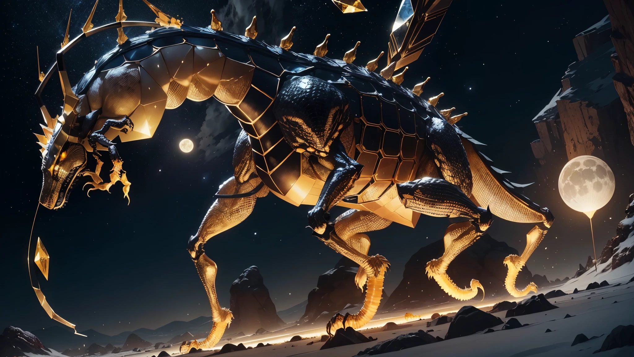 A realistic night view with a moon.。In the Dark、A giant scorpion with a body made of gold jewels、Trapped in a clear crystal。This golden scorpion is、In the crystal「It is depicted devouring another scorpion made of crystal..。The moonlight illuminates the golden scorpion&#39;s body.、The way the crystal shines is expressed fantastically..