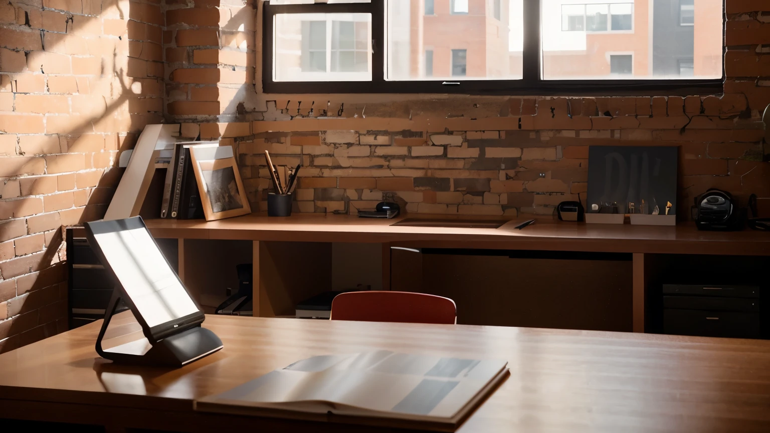 A beautiful modern architect's office featuring red brick walls and nice lighting, sleek, minimalist, contemporary, daylight, Nikon D850, 50mm high apperture F1.8 lens, small depth of field, mid-shot, --style raw --stylize 100 --ar 16:9 --v 6