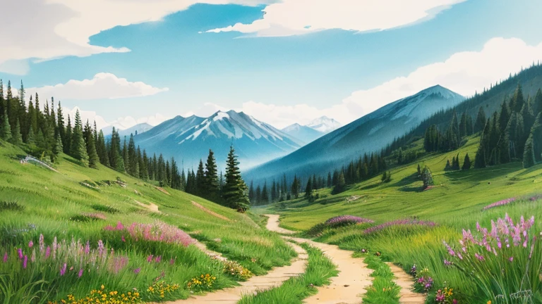 Ink Painting「Mountain trail」 prompt: Mountain trailを登る風景を描く。