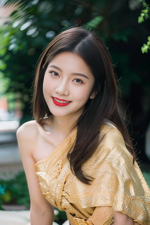 detailed face, Clear face, beautiful girl, Asian makeup, red lips, smile, brown hair, crown, half body, big breasts, Thai angel costume, Vintage Thai style, ancient, Medium sexy dress, red dress, high resolution, Random pose, evening light, flower garden background.