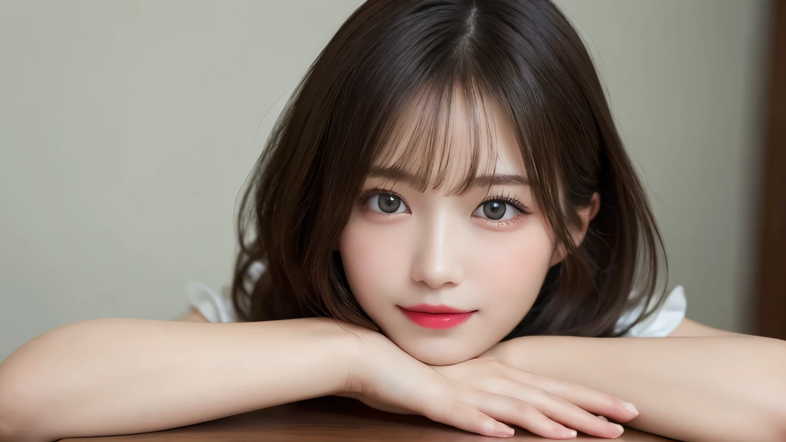 on the table, best quality, shape, Super detailed, Finely, high resolution, 8k wallpaper, 完璧なダイナミックな構shape, Beautiful and delicate eyes, Medium Length Hair, Small Breasts, Natural lipstick, Casual sexy pose,Smile,20 year old girl、midnight、Beautiful and detailed face、Perfect beautiful face,big eyes、original photo、Use the whole body to express female posture、Beautiful and delicate eyes、Small face、Beautiful duplex、Facelift and style,skirt、Beautiful golden ratio face,Long hair