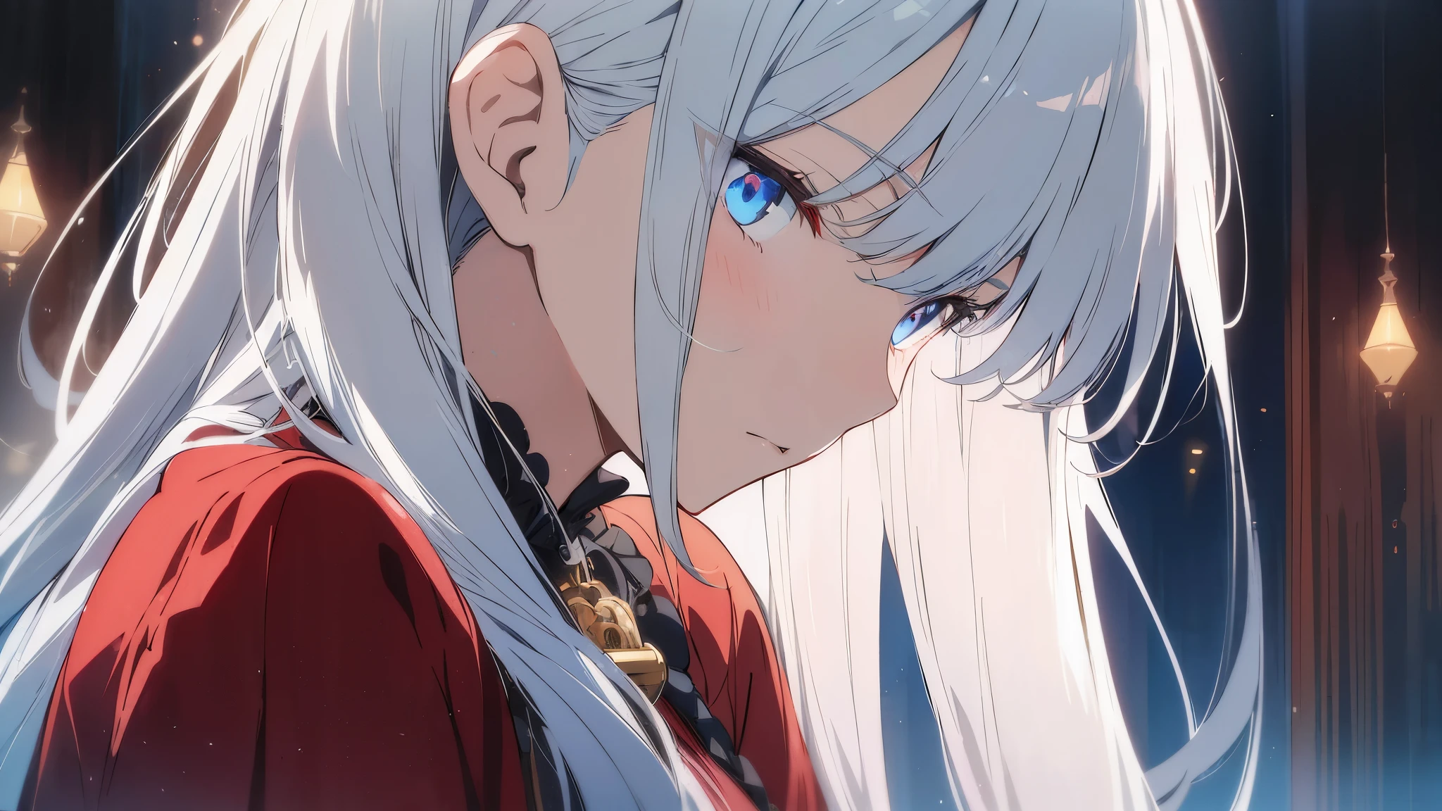 hight resolution,close range、Anime boy with white hair and red eyes staring at camera, Glowing red eyes,slim, dressed in a black outfit,Shadow Body,Brown skin、monochromes,hair messy,Straight face、(glareing)、Diagonal angle
