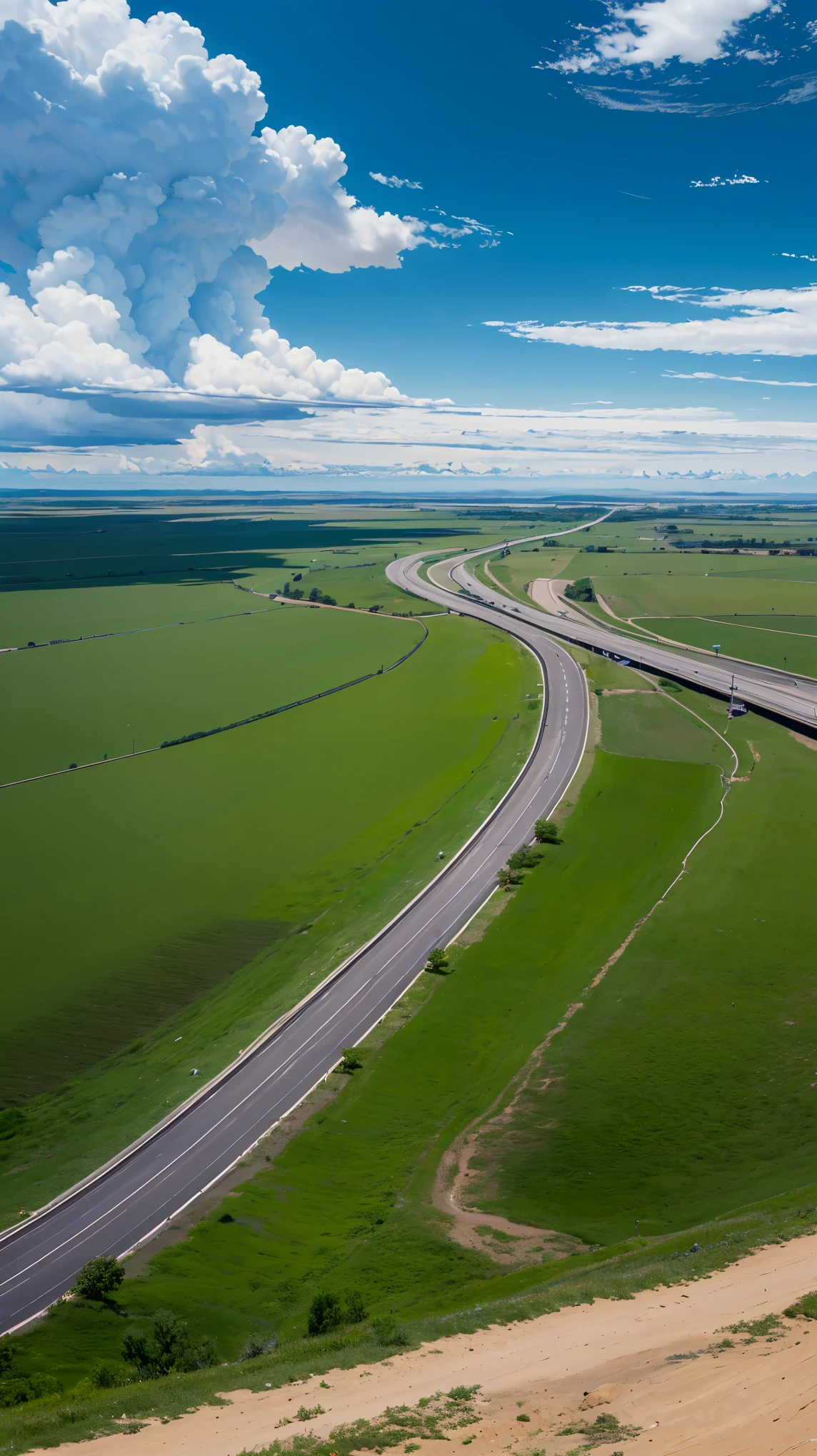 (Very detailed), ((highest quality)), (Ultra-high resolution,8k), (8K wallpapers incorporating highly detailed CG), A road crossing a beautiful landscape, Vast plains, wealthy, flower, Earth, horizon, Cumulonimbus, blue sky