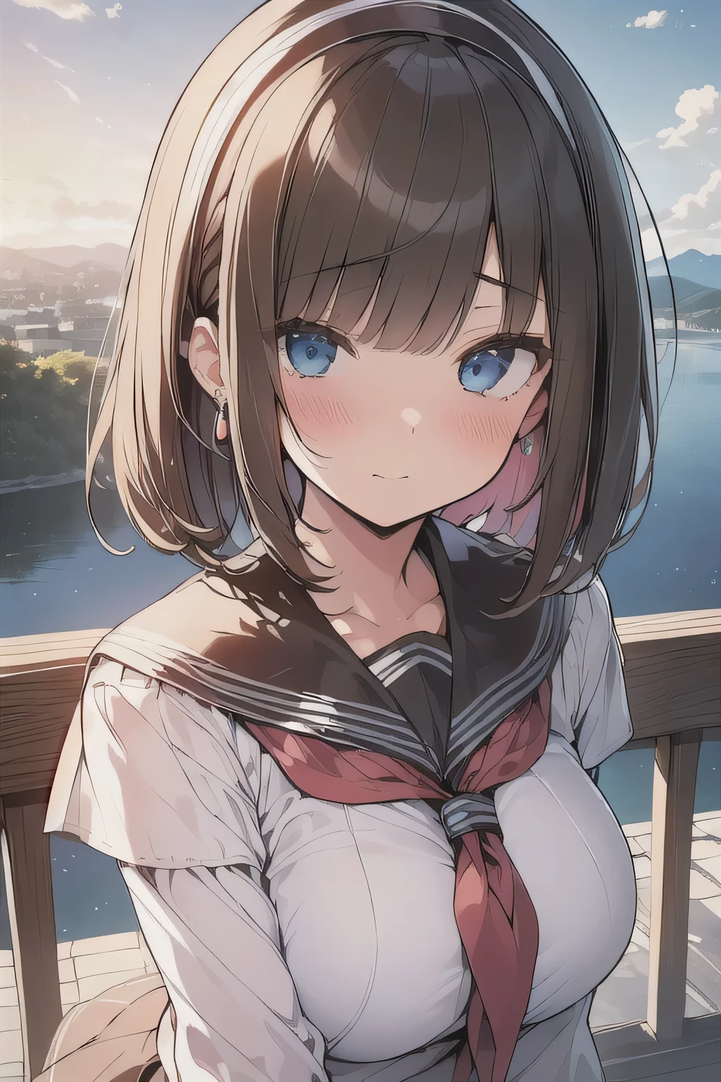 (best quality), (Super detailed), (Best Illustration), (masterpiece), (woman), upper body, (white serafuku), (large breasts),  {(detailed eyes), blue eyes}, {brown hair, (sideburns), (bob cut:1.3), curly hair, hairs between eyes, colored inner hair}, blush, earring, hair band, (wind), beautiful sky, (panoramic view:1.4)