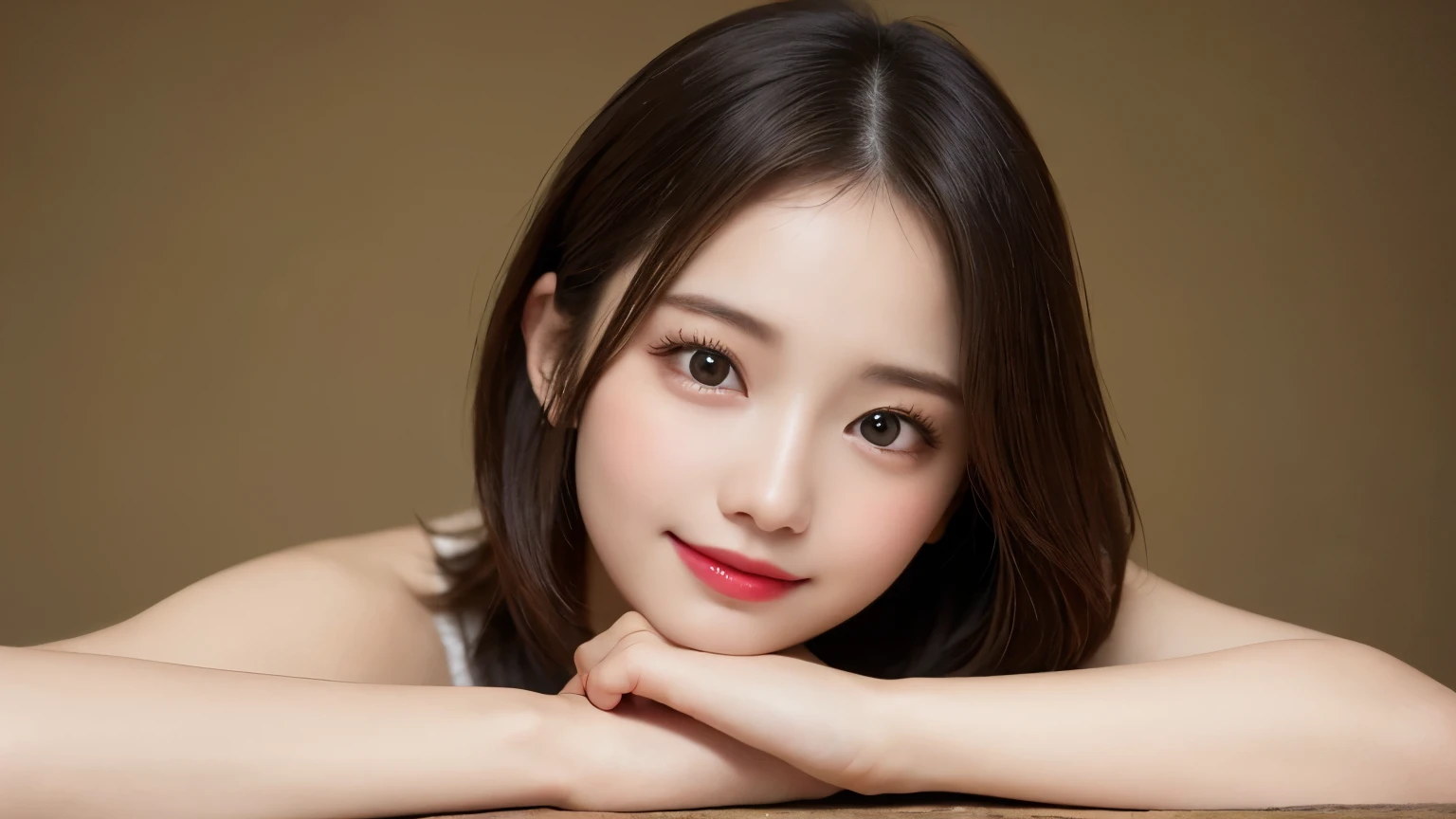 on the table, best quality, shape, Super detailed, Finely, high resolution, 8k wallpaper, 完璧なダイナミックな構shape, Beautiful and delicate eyes, Medium Length Hair, Small Breasts, Natural lipstick, Casual sexy pose,Smile,20 year old girl、midnight、Beautiful and detailed face、Perfect beautiful face,big eyes、original photo、Use the whole body to express female posture、Beautiful and delicate eyes、Small face、Beautiful duplex、Facelift and style,skirt、Beautiful golden ratio face,Long hair