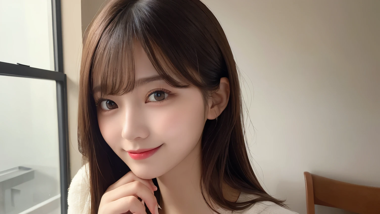 on the table, best quality, shape, Super detailed, Finely, high resolution, 8k wallpaper, 完璧なダイナミックな構shape, Beautiful and delicate eyes, Medium Length Hair, Small Breasts, Natural lipstick, Casual sexy pose,Smile,20 year old girl、midnight、Beautiful and detailed face、Perfect beautiful face,big eyes、original photo、Use the whole body to express female posture、Beautiful and delicate eyes、Small face、Beautiful duplex、Facelift and style,skirt、Beautiful golden ratio face,Long hair