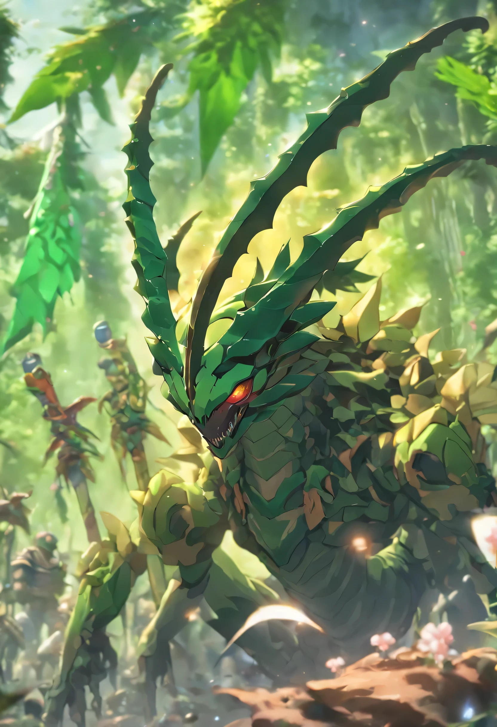 High quality rendering,(8k、The best quality at its best、masterpiece:1.2)、(Endless realism、Photorealistic:1.37)、Hyper Detail,Hyper HD,A praying mantis enlarged 10 times,zerg,Live Wallpapers,This is a picture of a praying mantis resting in a fantasy world.,(Dark green insect shell:1.2),(Exaggerated mantiforelimb,Leaf-textured shell:1.3),｛Death and skeletons,Three different elements, Time and Mantis, Used in the design of this character.:1.4｝,Monster Hunter,((Handsome insect,Encased in thick, powerful armor. The metal panels feature intricate designs.,This armor emphasizes the size of the scythe&#39;forelimb)),Insect characters that appear in card games