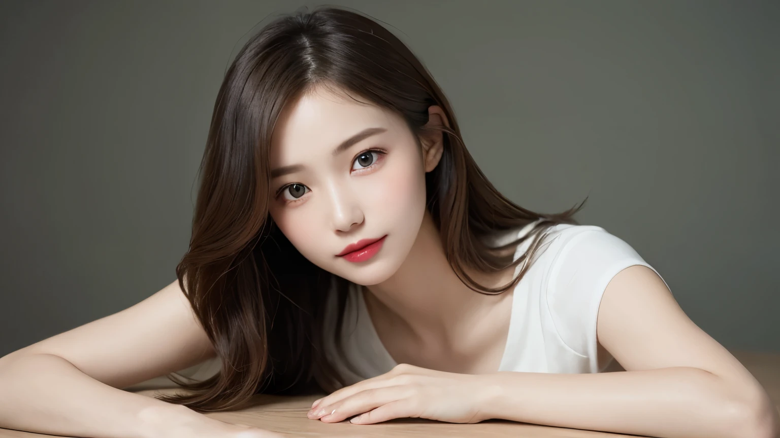 on the table, best quality, shape, Super detailed, Finely, high resolution, 8k wallpaper, 完璧なダイナミックな構shape, Beautiful and delicate eyes, Medium Length Hair, Small Breasts, Natural lipstick, Casual sexy pose,Smile,20 year old girl、midnight、Beautiful and detailed face、Perfect beautiful face,big eyes、original photo、Use the whole body to express female posture、Beautiful and delicate eyes、Small face、Beautiful duplex、Facelift and style,skirt、Beautiful golden ratio face,Long hair