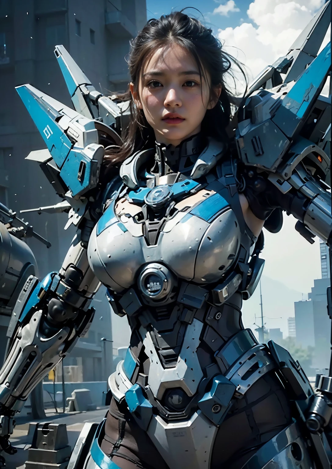 (masterpiece, best quality:1.2), (8k uhd, 16k, 32k, ultra high res), (photorealistic:1.37), (RAW photo), ultimate-realistic, ultimate-realistic details, ultimate-realistic texture, ultimate-intricate details, ultimate-realistic lighting, ultimate-realistic shadow, 1 japanese girl, ultimate-cute face, ultimate-RAW skin, ultimate-realistic eyes, (mechanical:1.4), (armor), full body, wide shot