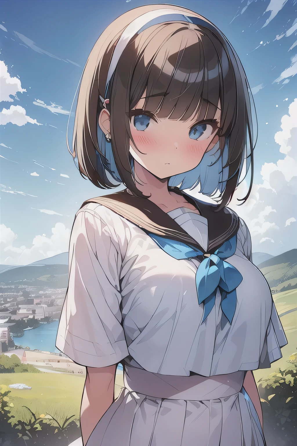 (best quality), (Super detailed), (Best Illustration), (masterpiece), (woman), upper body, (white serafuku), (large breasts),  {(detailed eyes), blue eyes}, {brown hair, (sideburns), (bob cut:1.3), curly hair, hairs between eyes, colored inner hair}, blush, earring, hair band, (wind), beautiful sky, (panoramic view:1.4)