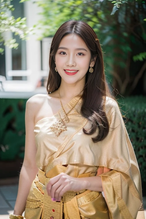 detailed face, Clear face, beautiful girl, Asian makeup, red lips, smile, brown hair, crown, half body, big breasts, Thai angel costume, Vintage Thai style, ancient, Medium sexy dress, red red dress, high resolution, Random pose, evening light, flower garden background.