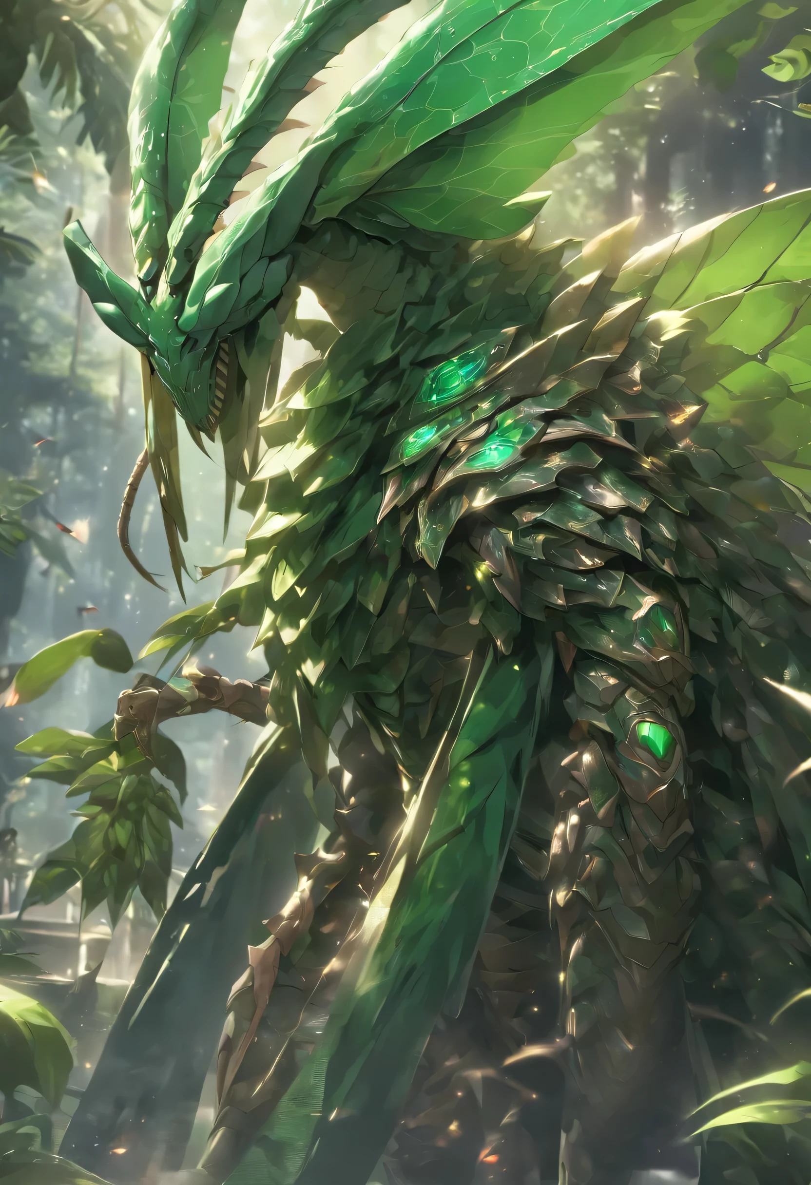 high quality rendering,(8K、Best quality at best、tmasterpiece:1.2)、(Endless realism、Photorealistic:1.37)、hyper-detailing,hyper HD,A mantis magnified ten times,zerg,Live wallpaper,This is a painting of a praying mantis resting in a fantasy world,(Dark green insect carapace:1.2),(Exaggerated mantis forelimbs,Carapace with leaf texture:1.3),{Death and Skeletons,three different elements, Time and Mantis, used to design this character.:1.4},monster hunter,((handsome insect,Wrapped in thick and powerful armor. The metal panels are decorated with intricate designs,This piece of armor accentuates the size of the scythe's forelimbs)),Insect characters in card games