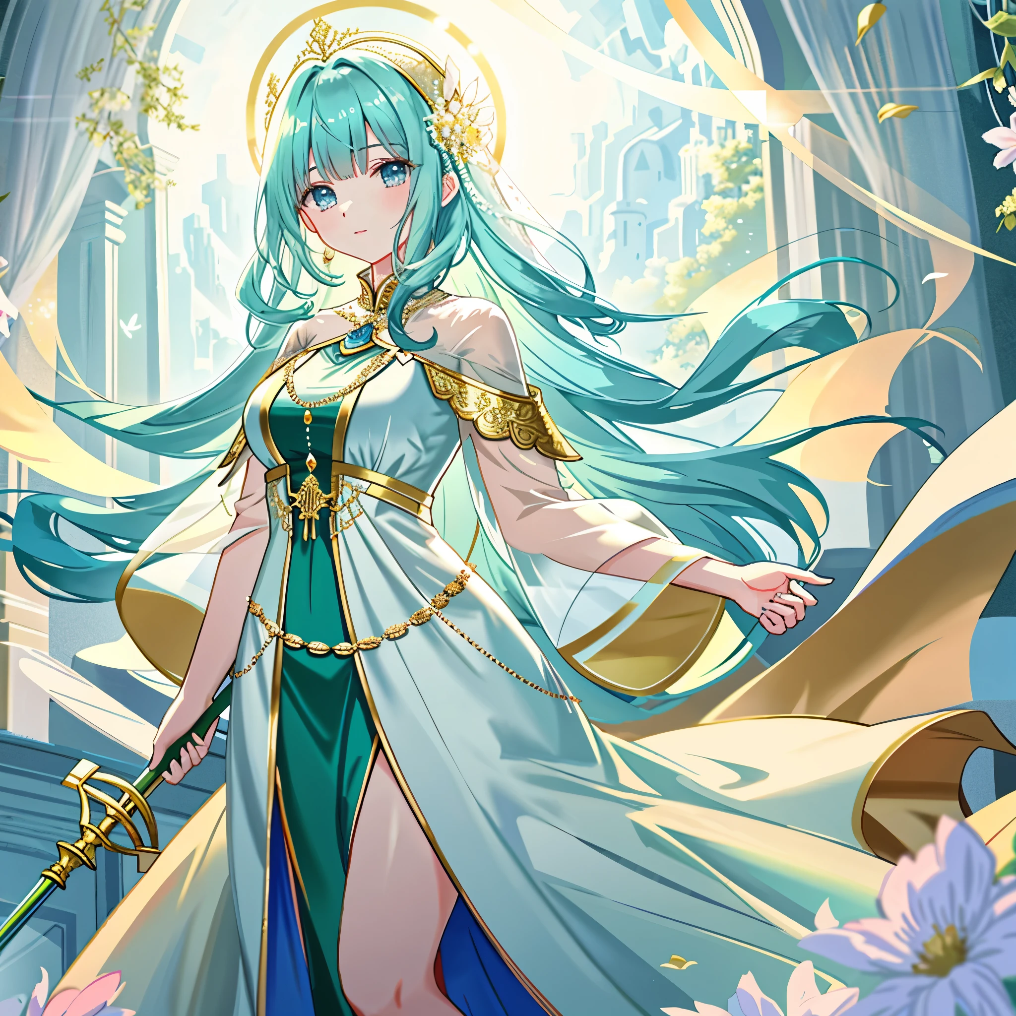 **AI Illustration Prompt**

Create an illustration of a single, elegant woman. She is poised, her feminine figure reflecting her character and role. Her skin is light-colored, emphasizing her beauty and purity.

She is posed in a manner that exudes peace and tranquility. Her hand is extended forward, light emanating from the staff she holds, bestowing blessings upon those who behold her.

Her attire is a luxurious, special dress that signifies her status and uniqueness. The dress is primarily gold, with accents of blue and green.

The background is a serene, rich natural environment, underscoring the setting of the story and its reality.

In her possession is a staff symbolizing peace and tranquility. This staff highlights her profession and special skills.

The style of the illustration should be high-resolution official artwork, very detailed and intricate fan art style. Real anime 2.5D style or real anime girls style.

The quality of the illustration should be improved using the golden ratio 1.2 and drafting board 1.3, creating a beautiful masterpiece at 64K ultra-high resolution, large file size. The resolution of the face is also high, and the lighting is perfectly finished. The resolution is 8K, ultra-high resolution: 1.2, selectable high resolution (HD, 4K, 8K, 16K, etc.). The color bit depth is 24 bits, 48 bits.

