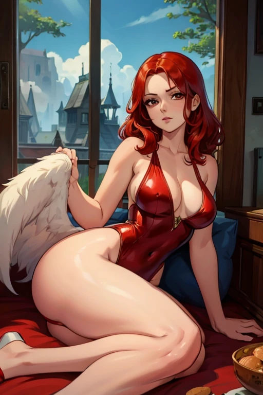 A red haired woman with red eyes with an hourglass figure in a cute one piece swimsuit is sitting on her haunches in the waes