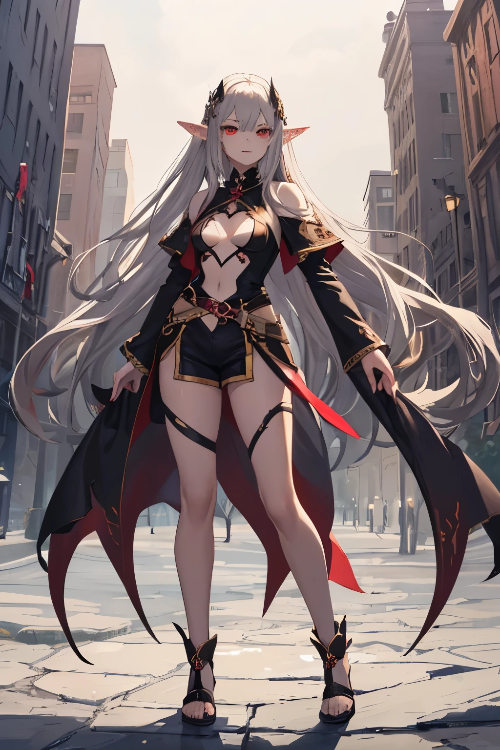 straight standing view in full height very detailed face and body young beautiful elf vampire long ash hair red eyes serious facial expression dark open top on the chest shorts without shoes cutout on the chest open breasts of the second size 32k