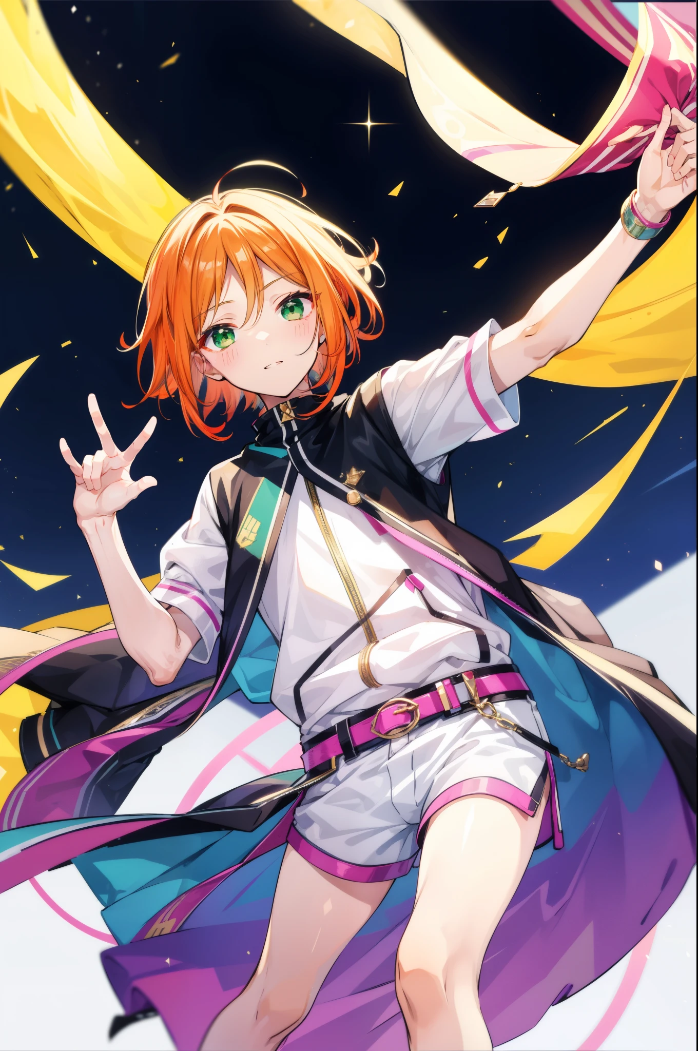 Polate、一人のmale、solo、male、Perfect human body、highest quality、Super quality、detailed、highest quality、Fantasy、Bright expression、young, 白くShine肌、The most beautiful and beautiful in the world、The ultimate beautiful boy、The most beautiful in the world，Orange Hair、The lightest hair、Shiny Hair、Bob、Smooth medium hair、Central division of bangs、Shine, clear, Attractive green eyes、A very kind and lovely 16 year old boy.、Shorts、Short sleeve shorts、