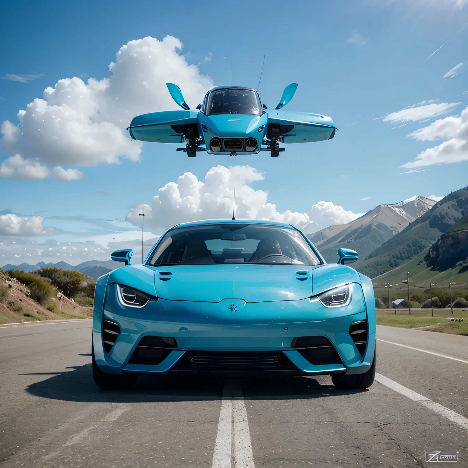 Create a futuristic turquoise blue flying car with a brand ( inventer) et qui vole dans les airs