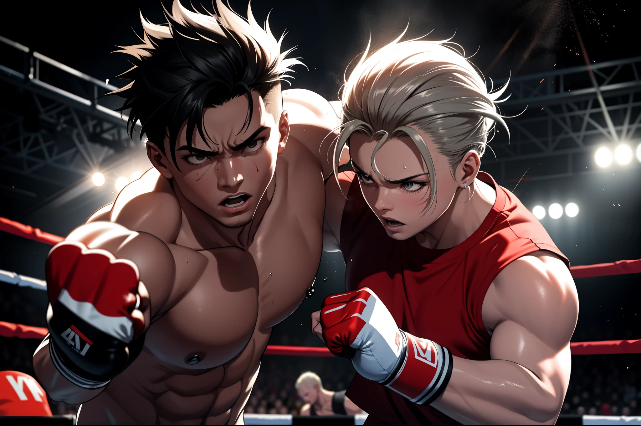 violent punching pose,skilled boxer,high-impact punches,knockout blow,strenuous training,aggressive expression,sweat flying,rippling muscles,facial contortion,boxing ring,blood and sweat,boxing gloves,dedication and determination,(close-up of clenched fist),(high energy),gritty atmosphere,dramatic lighting,slow-motion effect,powerful impact,action-packed scene,adrenaline rush,fighting spirit,raw intensity,fearless determination,(dynamic angles),powerful physique,precision and speed,audience cheering and shouting,moment of victory,ring announcer raising winner's hand,celebration of triumph,colorful spotlights,fist in mid-air,feel the energy and power,achievement and triumph,battle of strength and skill