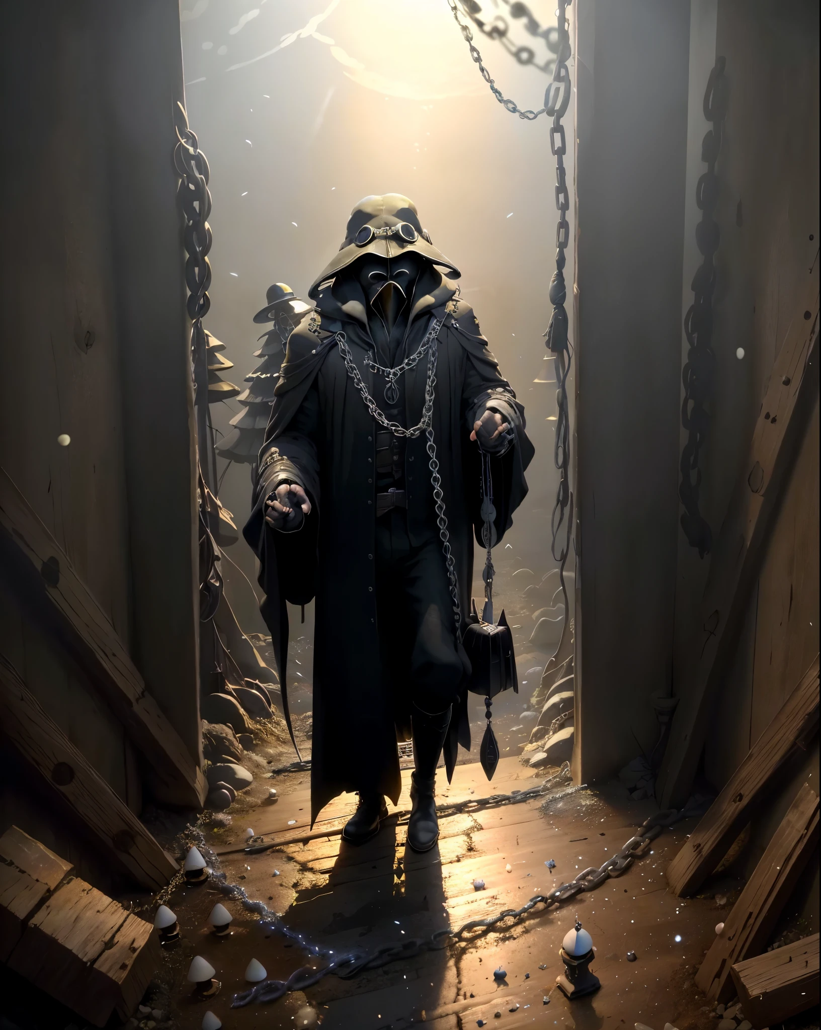 (masterpiece, 最high quality), High resolution, (8k resolution), Centered, (Very detailed), Facing forward,toadstools, alone, Plague doctor, goggles, Have, chain, Black Veil, beaked mask, Volumetric lighting:1.1, dark, (detailed:1.2), Sharp focus, Suspended particles, (Depth of written boundary), high quality, Fuji 85mm, Remains, scenery, Very detailed背景, nightmare, 8k, Complex, Holding, Sickle, Long fingers, Long nails,