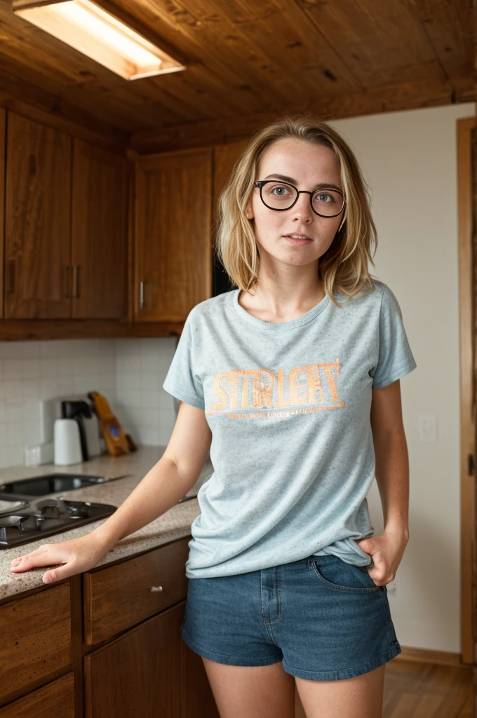 8K, RAW photo, realistic, photorealistic, absolutely resolution, ultra detailed, extremely intricate, photo of a 20 years old dodgy woman in a room, 1970s, shy, nerdy, bookworm, with age-appropriate wrinkles, highly detailed skin texture, (full face freckles:1.2), blonde hair, (center part strait hair:1.2), thin body, T-shirt, shorts, flat chest, (round glasses:1.2), standing, front facing, cowboy shot, natural lighting,