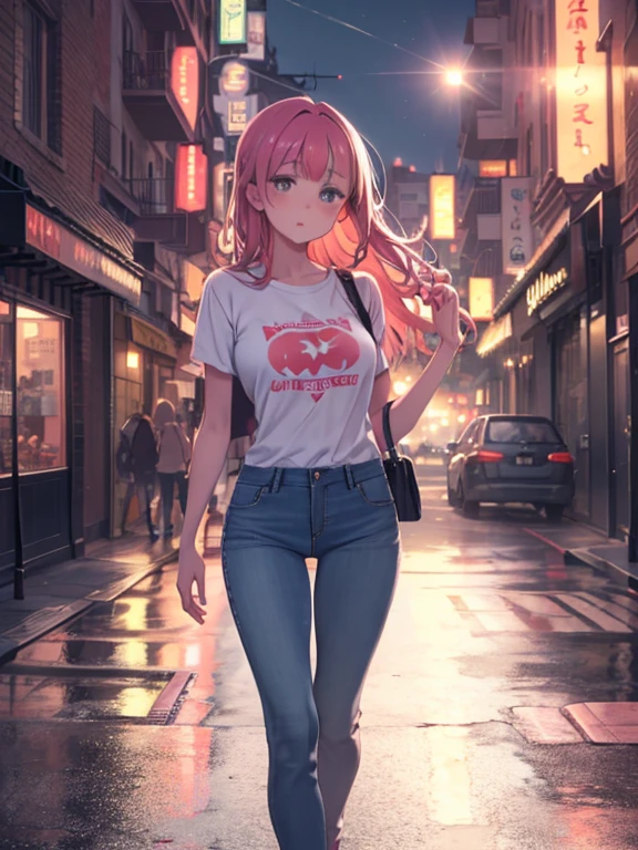 Vision flow of a beautiful woman walking down the street, The sun shines on her pink T-shirt and faded blue jeans., A red car running in the background, A world of sparkling lights.  