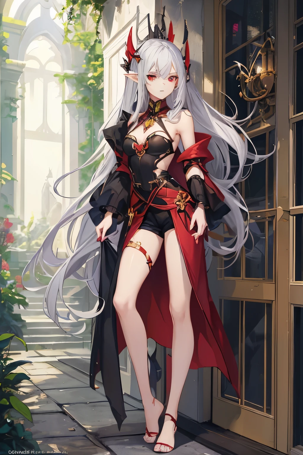 straight standing view in full height very detailed face and body young beautiful elf vampire long ash hair red eyes serious facial expression dark open top on the chest shorts without shoes cutout on the chest open breasts of the second size 32k