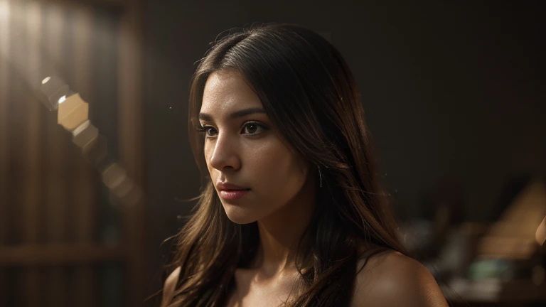 intricate detailed half-length photo, a portrait of a Brazilian woman with long hair, of different colors, cinematic lighting, by Philip Hood, wide angle, volumetric light scattering, 8k, art station, concept art