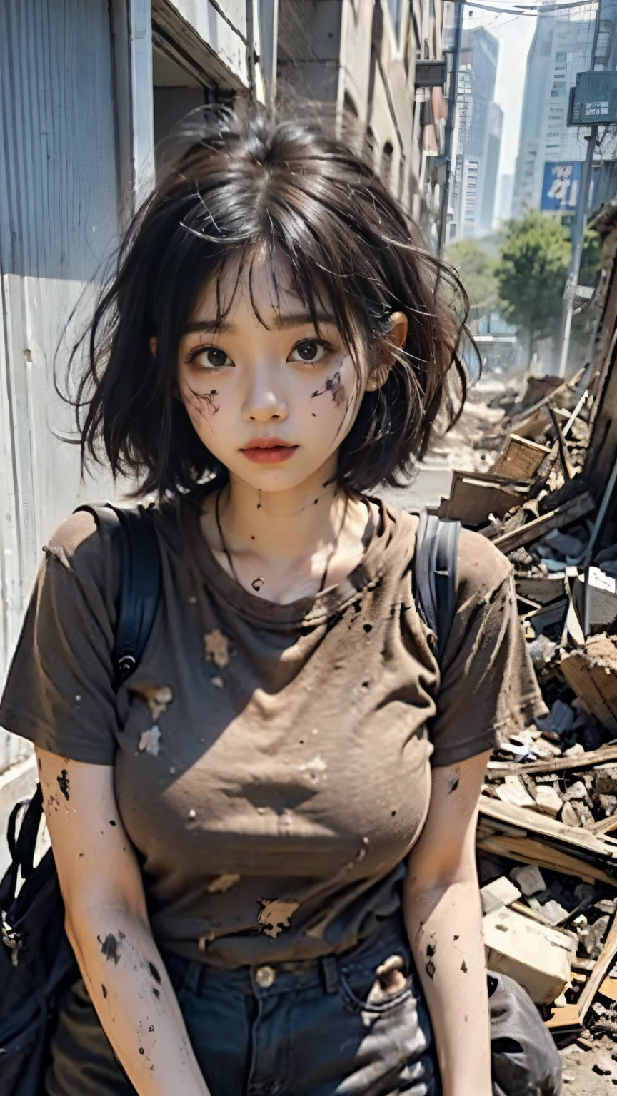 Bobcut,Downtown at night,Begging,(((Homeless))),Bad complexion,,Korean,Adult female,Pitch black,Tattered clothes,((( in a destroyed city,Oil,Mud stains,shit,dirty))),Expressionless,Glaring,Perfect Face,(((Big eyes))),