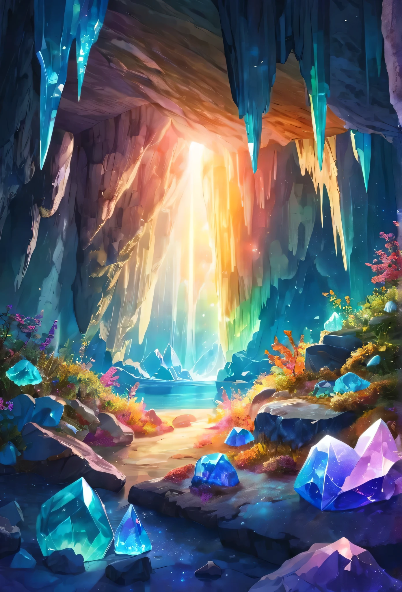 A cave or small cavity in rock formed by natural crystals,It is filled with many spectacular crystal clusters or ground crystals.、Large detailed bright and clear quartz or crystal clear。、With color or special optical effects,Scenery inside the Crystal Cave、Very beautiful with rainbow color or luminous effect stars'Mysterious and fantastical depth of field works、Nature's amazing craftsmanship々Surprise。
